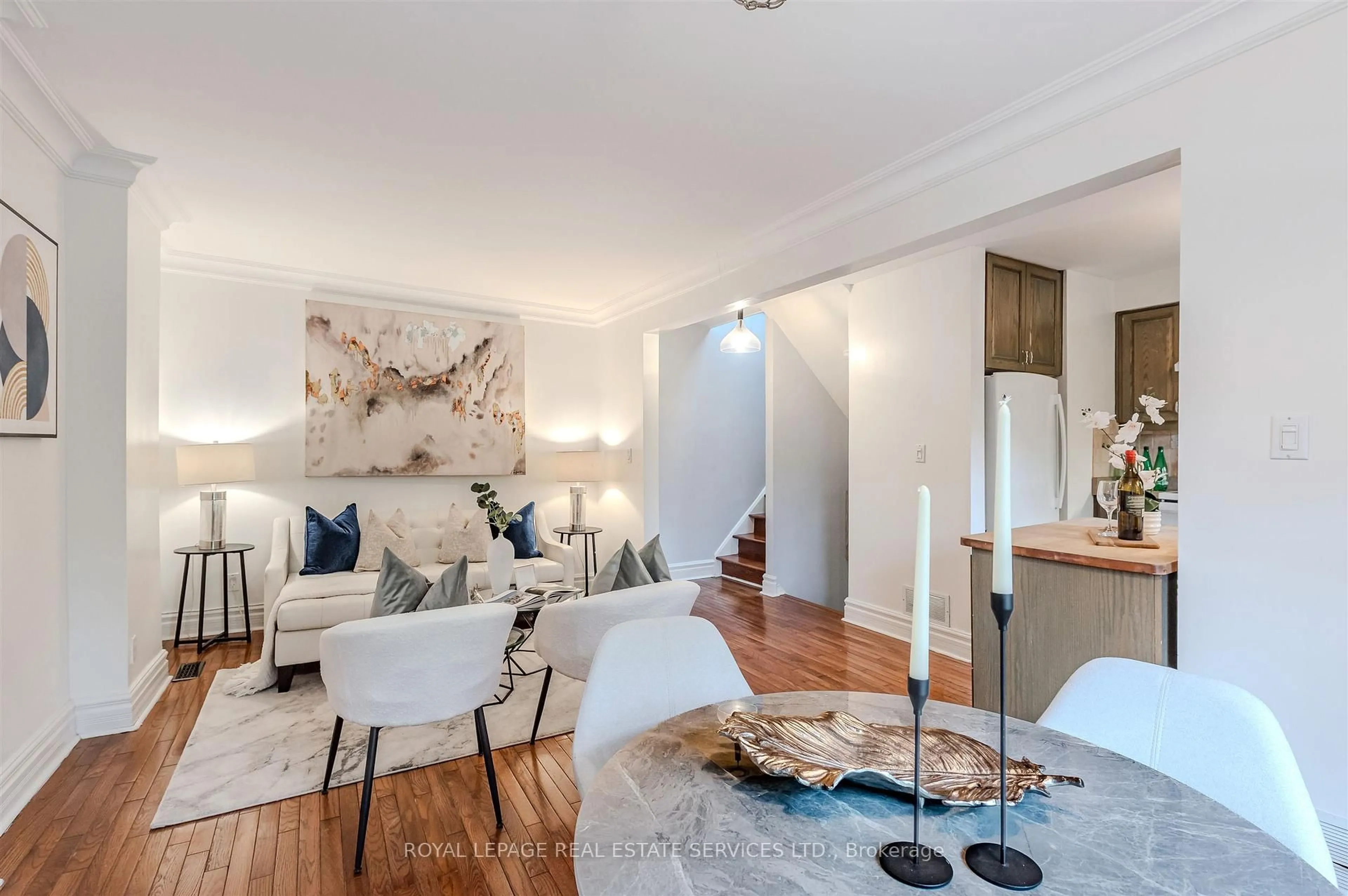 Living room with furniture, wood/laminate floor for 93 Medland Cres, Toronto Ontario M6P 2N3