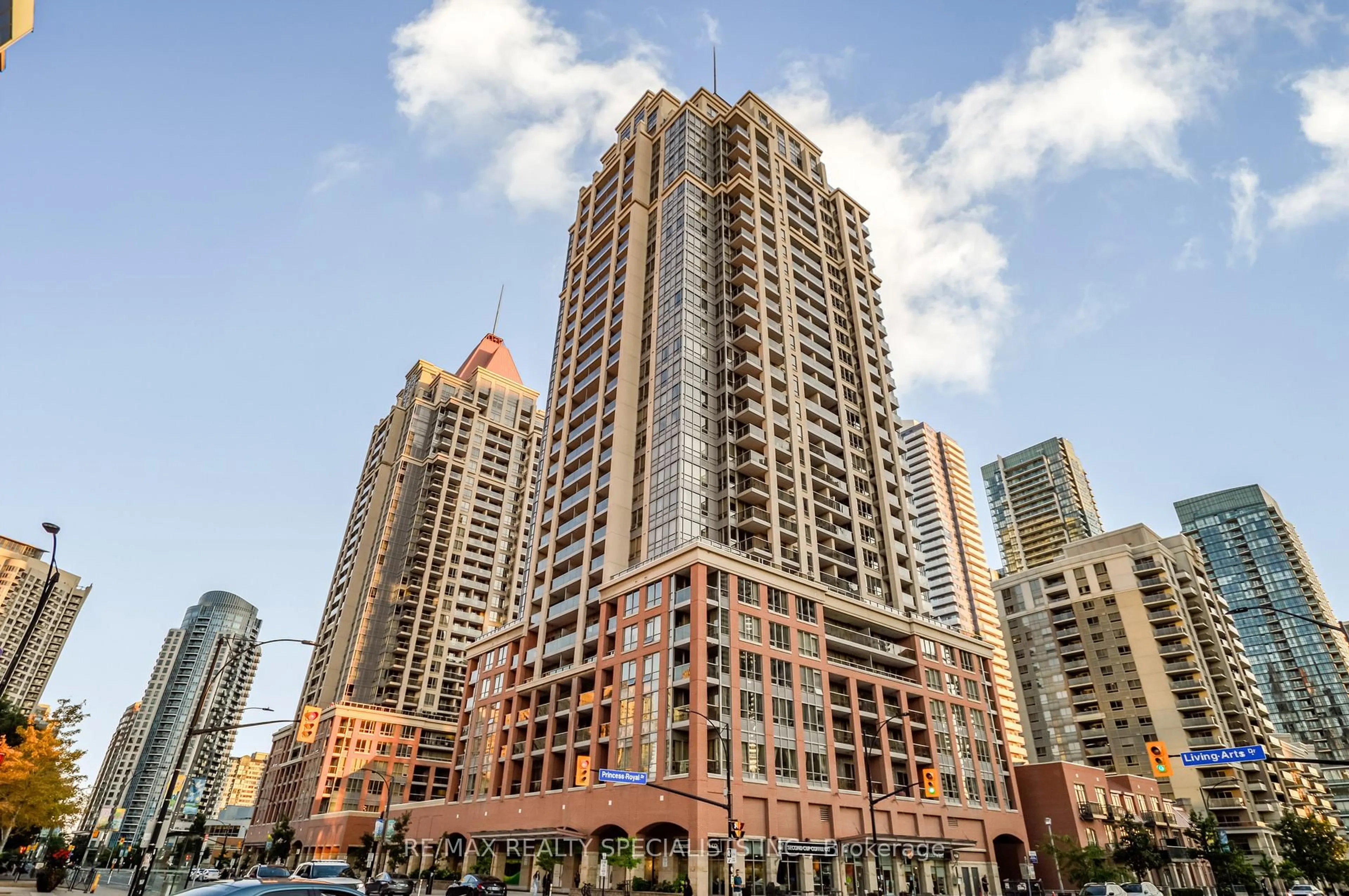 Patio, city buildings view from balcony for 4090 Living Arts Dr #2510, Mississauga Ontario L5B 4M8