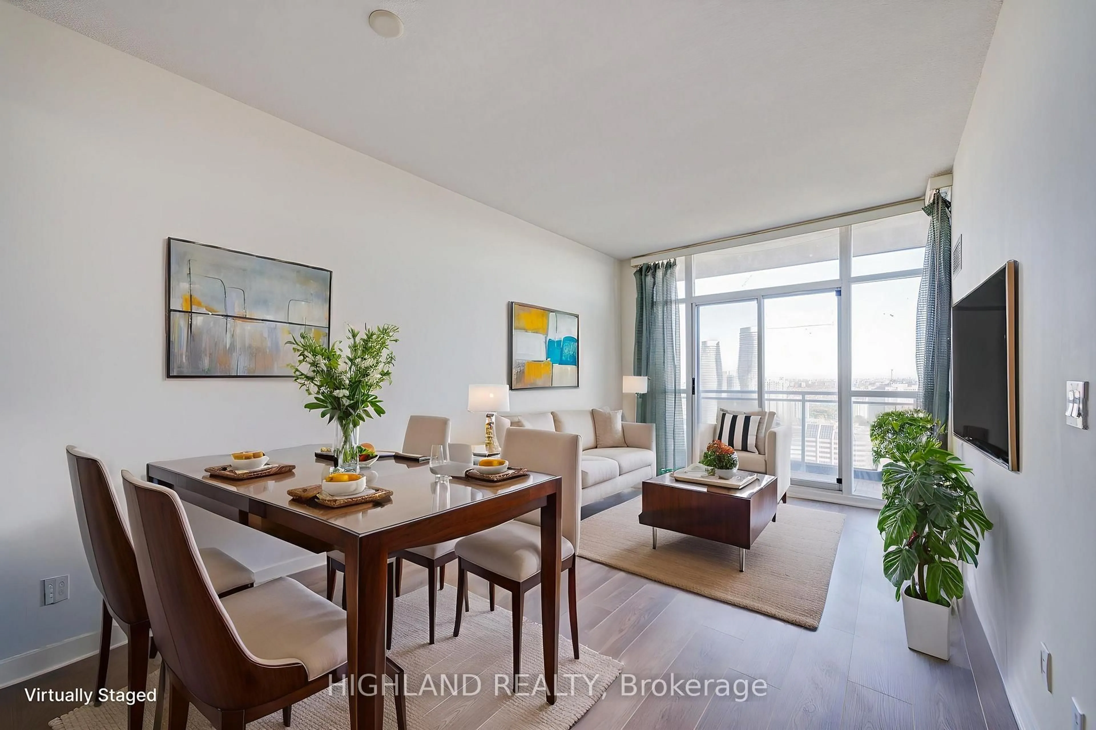 Living room with furniture, wood/laminate floor for 223 Webb Dr #3105, Mississauga Ontario L5B 0E8