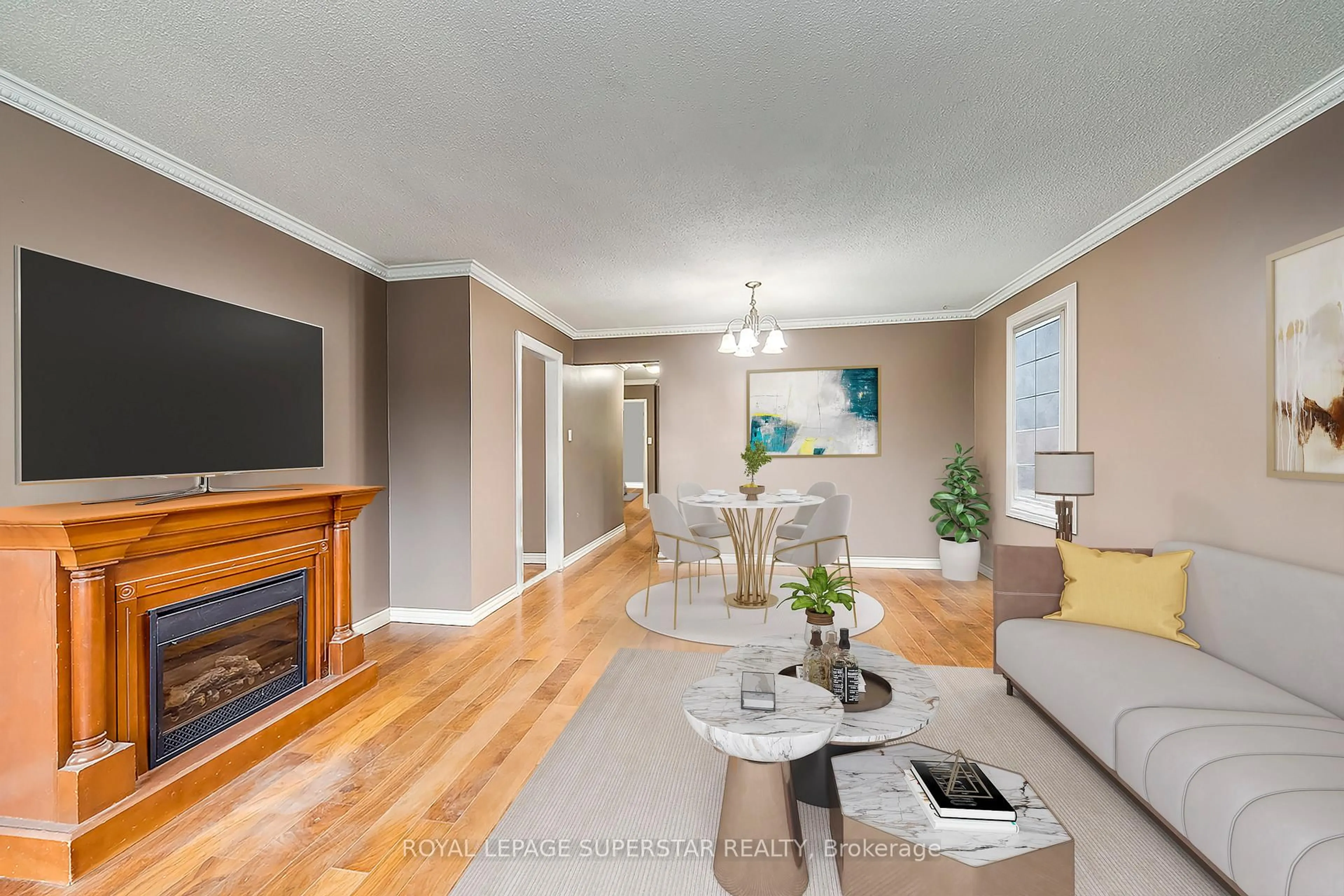 Living room with furniture, wood/laminate floor for 8 Midhurst Dr, Toronto Ontario M9V 1Z7