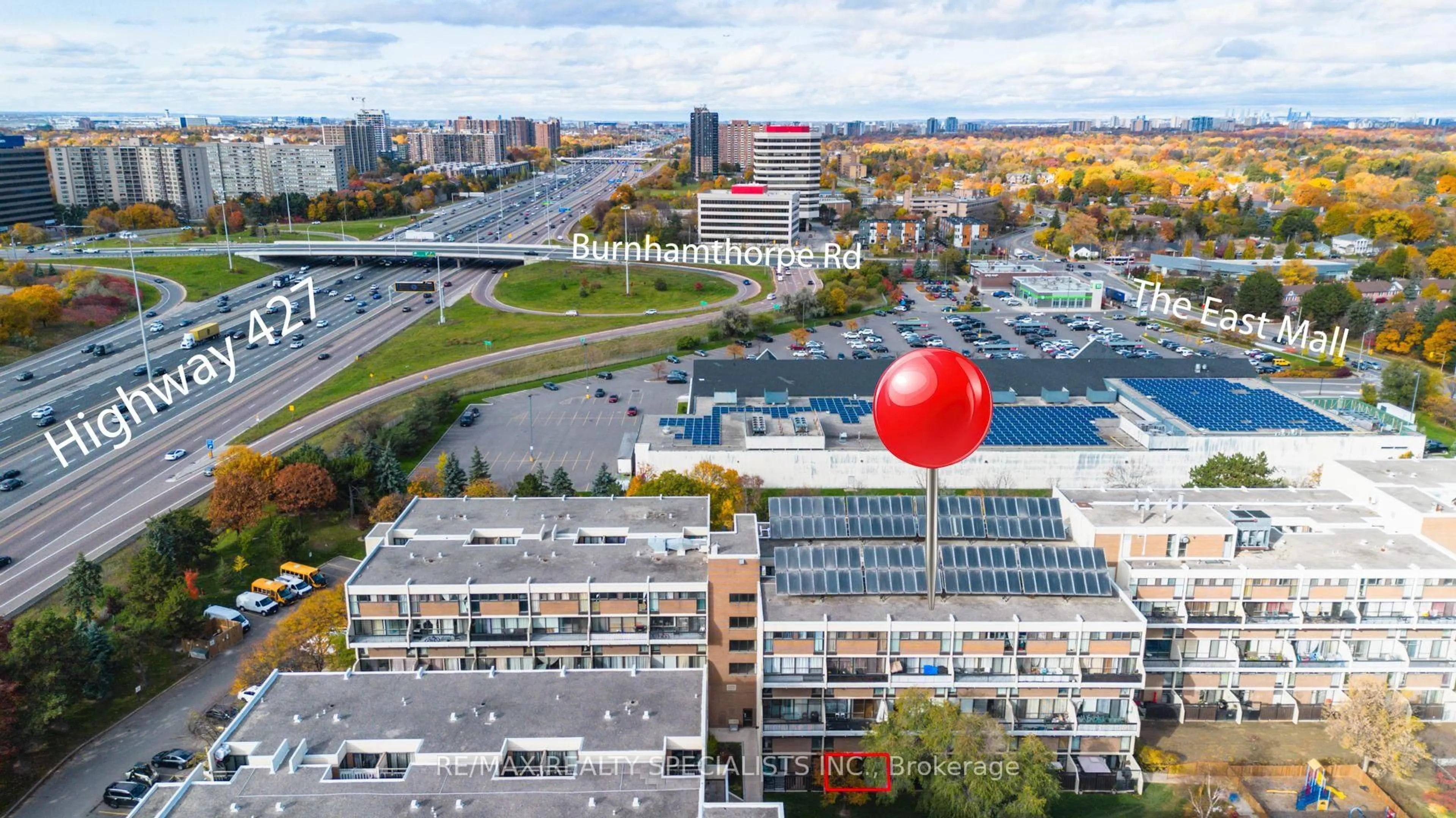A pic from outside/outdoor area/front of a property/back of a property/a pic from drone, city buildings view from balcony for 366 The East Mall #137, Toronto Ontario M9B 6C6