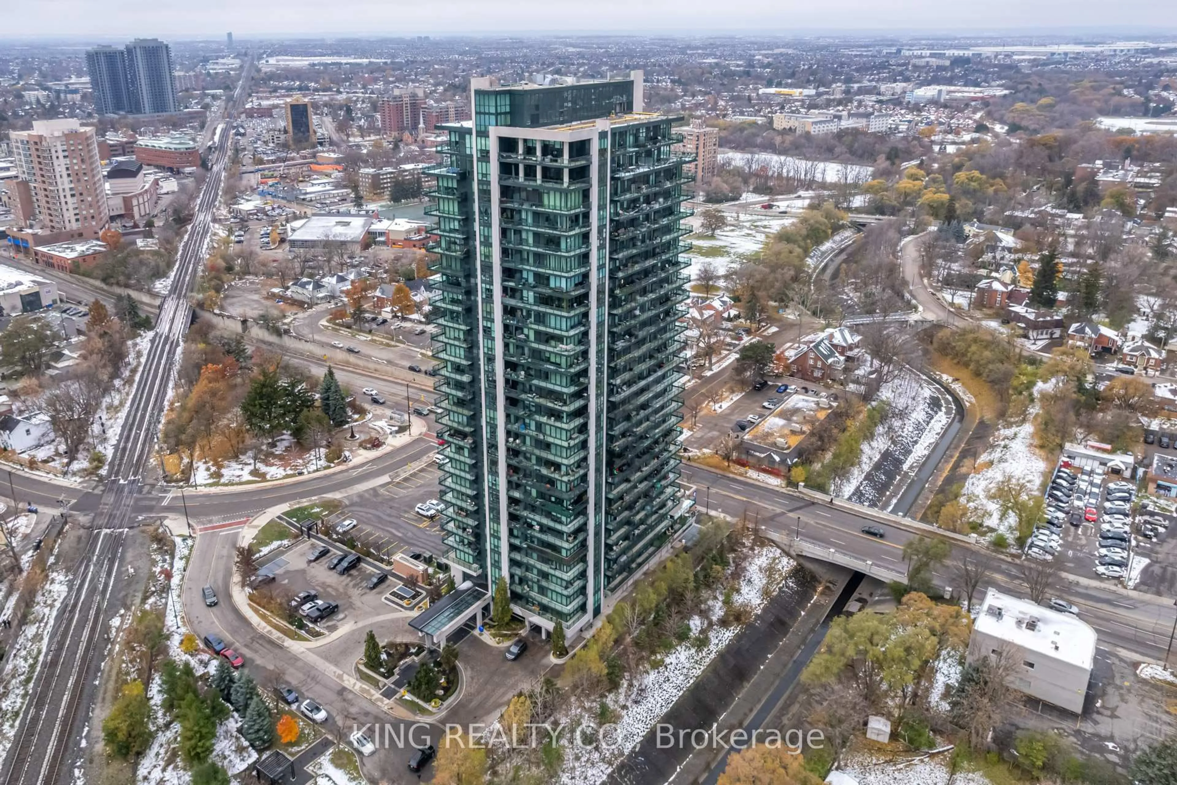 A pic from outside/outdoor area/front of a property/back of a property/a pic from drone, city buildings view from balcony for 100 John St #2305, Brampton Ontario L6W 0A8