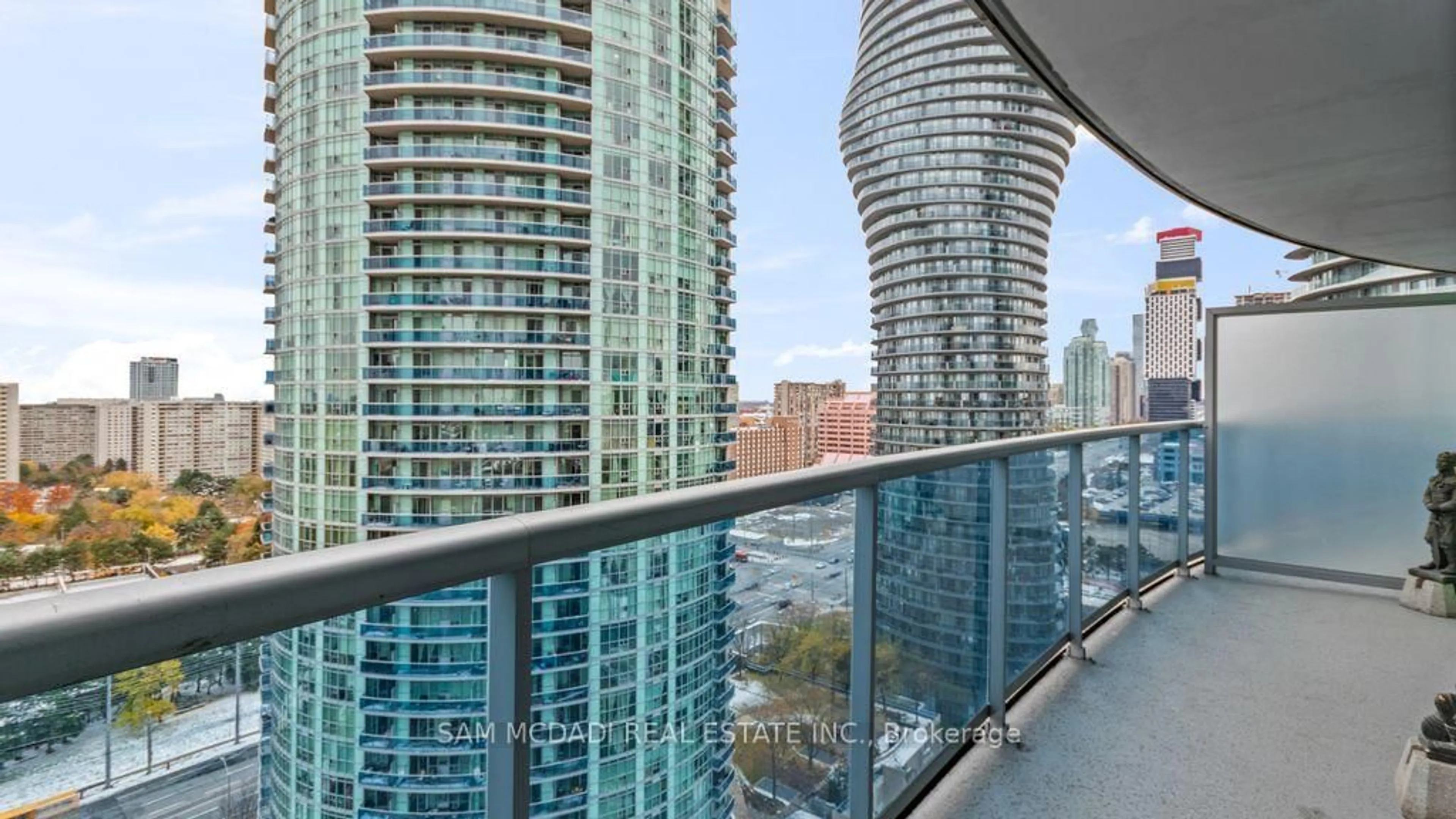 Balcony in the apartment, city buildings view from balcony for 80 Absolute Ave #1805, Mississauga Ontario L4Z 0A5