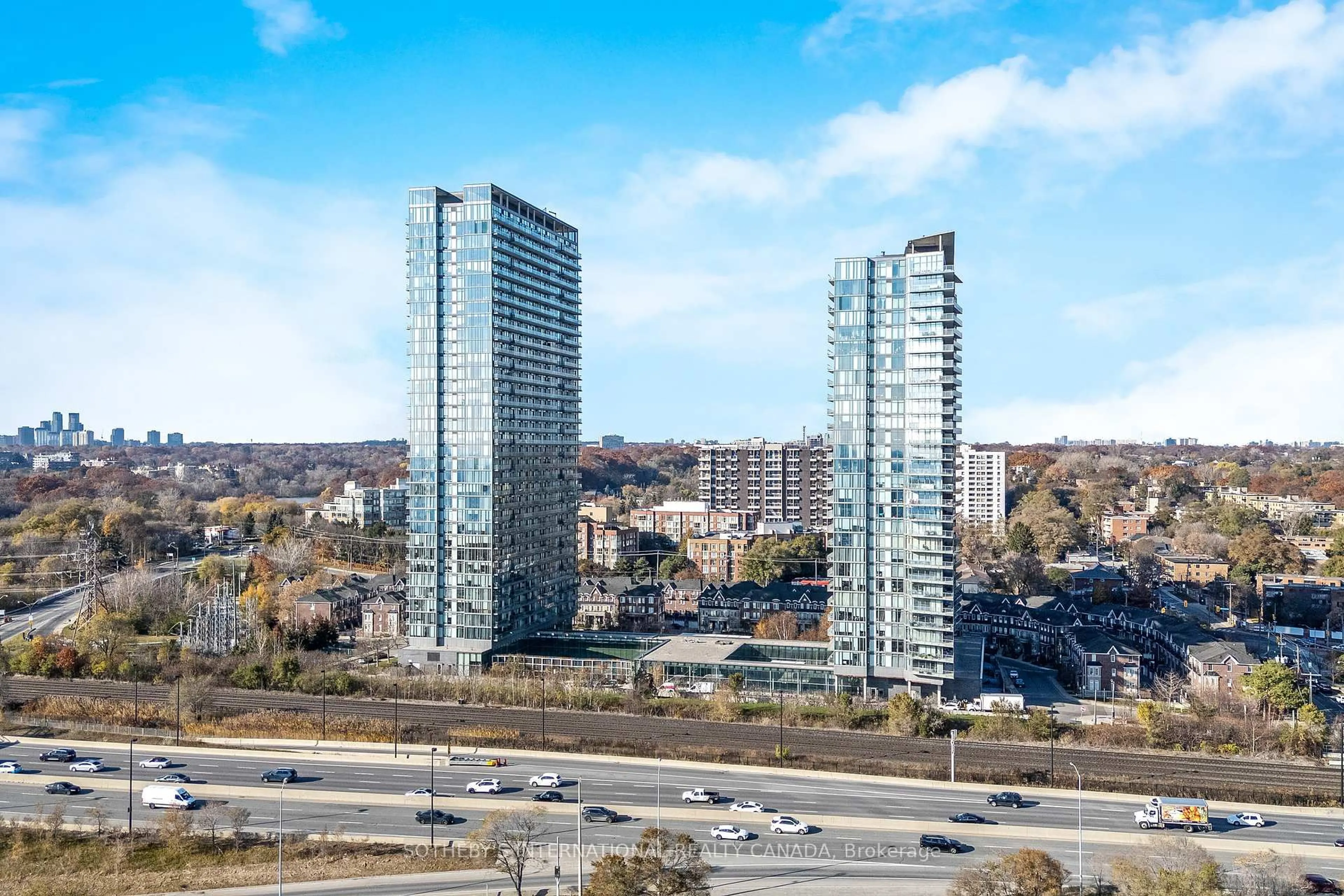 A pic from outside/outdoor area/front of a property/back of a property/a pic from drone, city buildings view from balcony for 105 The Queensway Ave #1601, Toronto Ontario M6S 5B5
