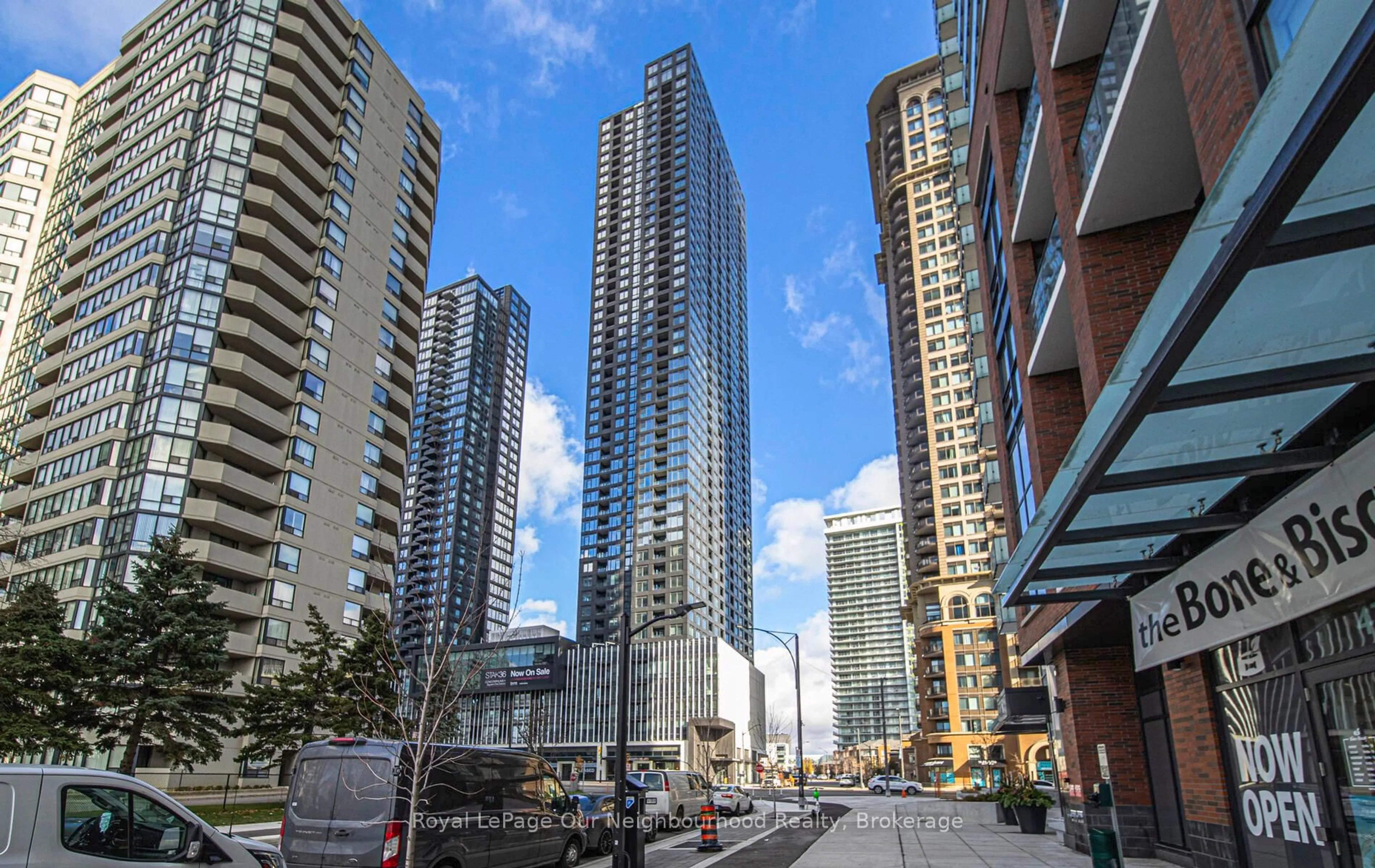 Patio, city buildings view from balcony for 395 Square One Dr #412, Mississauga Ontario L5B 0P6