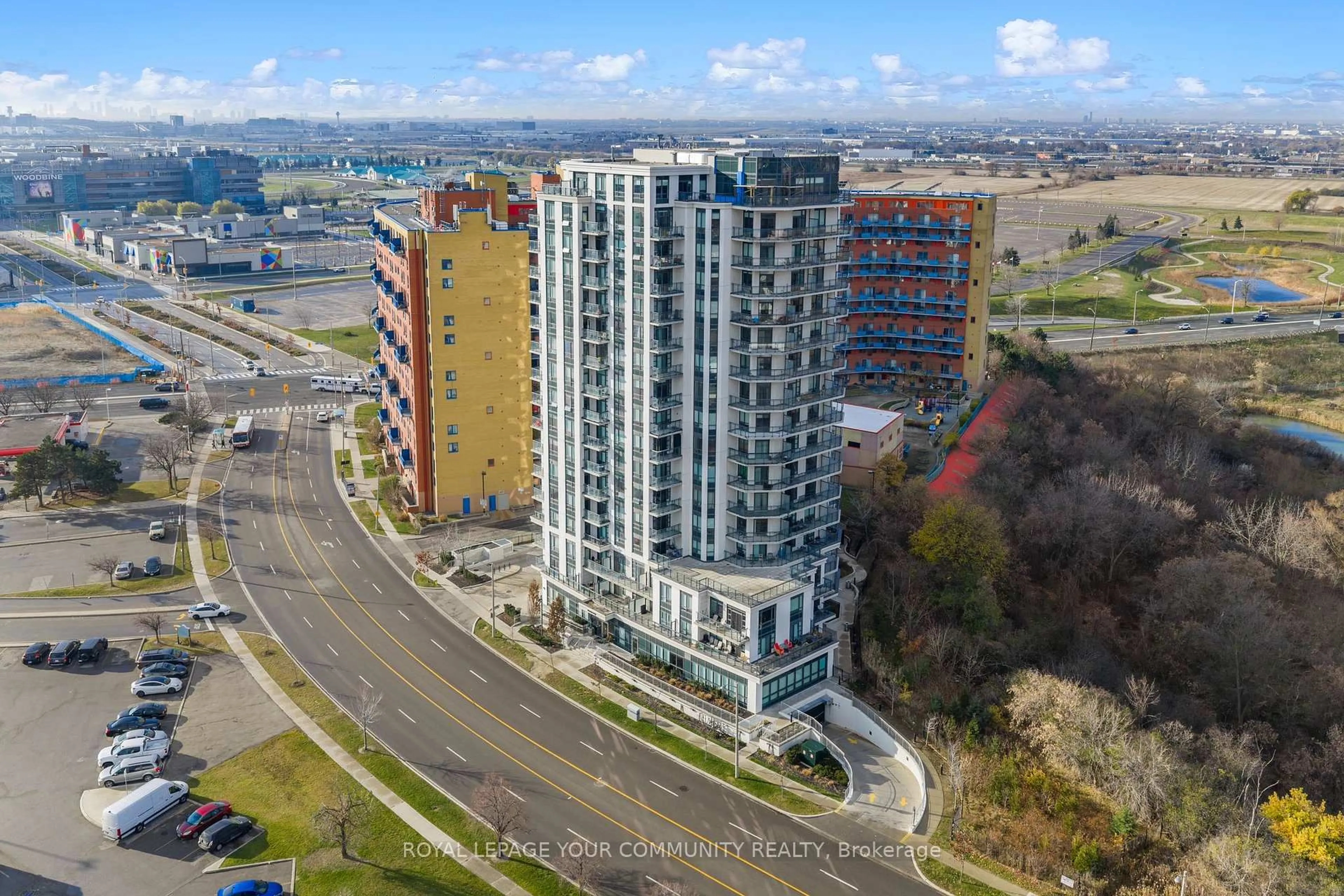 A pic from outside/outdoor area/front of a property/back of a property/a pic from drone, city buildings view from balcony for 840 Queens Plate Dr #510, Toronto Ontario M9W 0E7