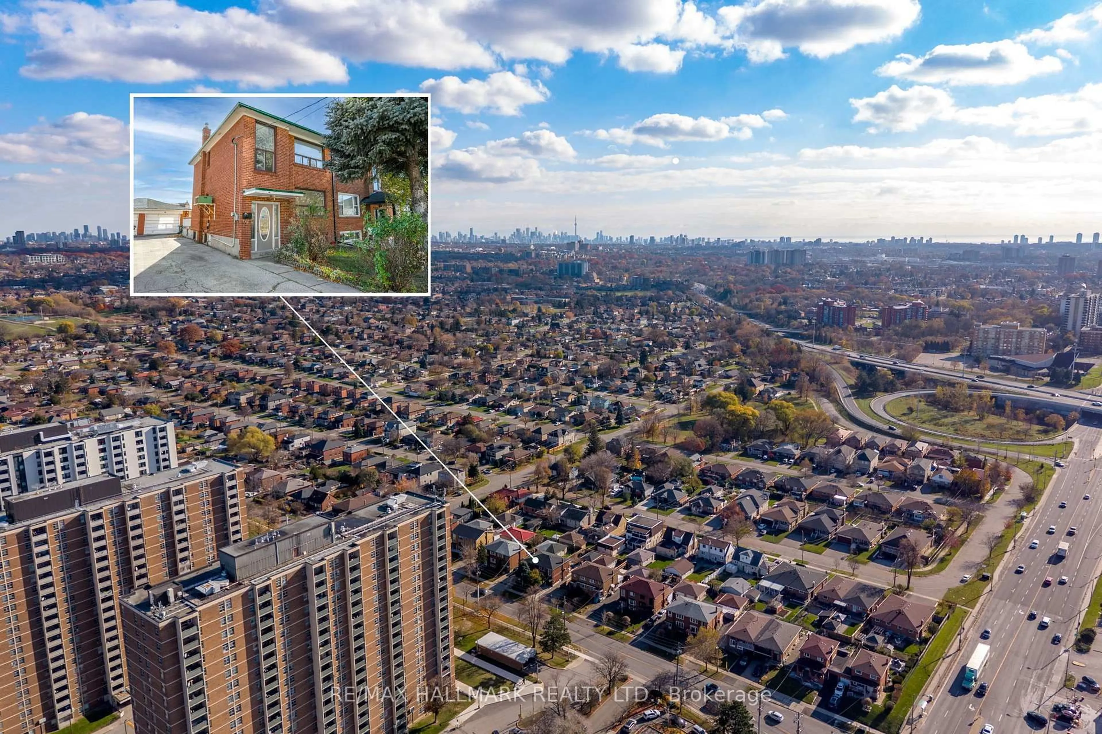 A pic from outside/outdoor area/front of a property/back of a property/a pic from drone, city buildings view from balcony for 25 Falstaff Ave, Toronto Ontario M6L 2C6
