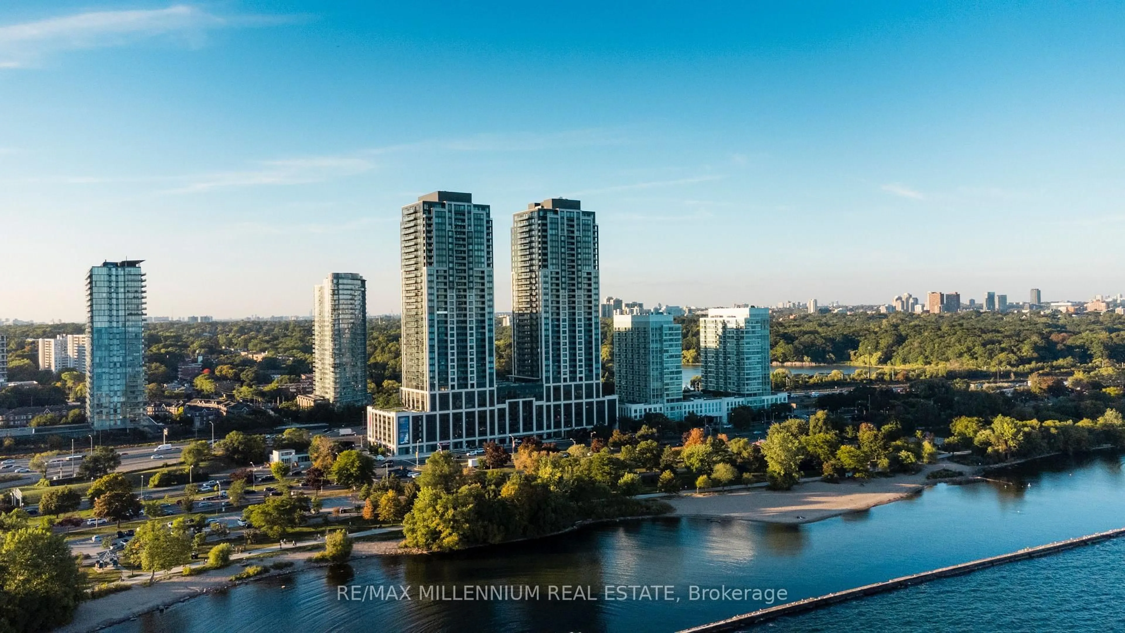 A pic from outside/outdoor area/front of a property/back of a property/a pic from drone, water/lake/river/ocean view for 1928 Lakeshore Blvd #3205, Toronto Ontario M6S 0B1