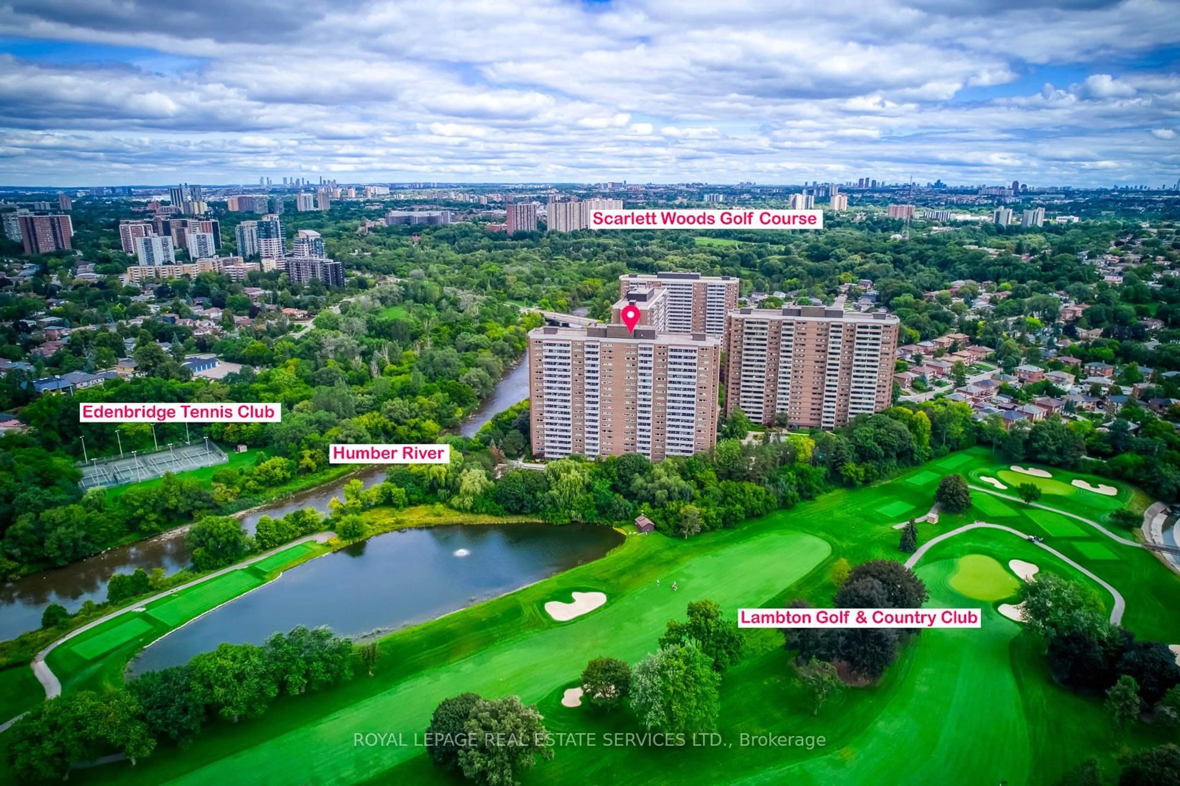 A pic from outside/outdoor area/front of a property/back of a property/a pic from drone, city buildings view from balcony for 240 Scarlett Rd #405, Toronto Ontario M6N 4X4