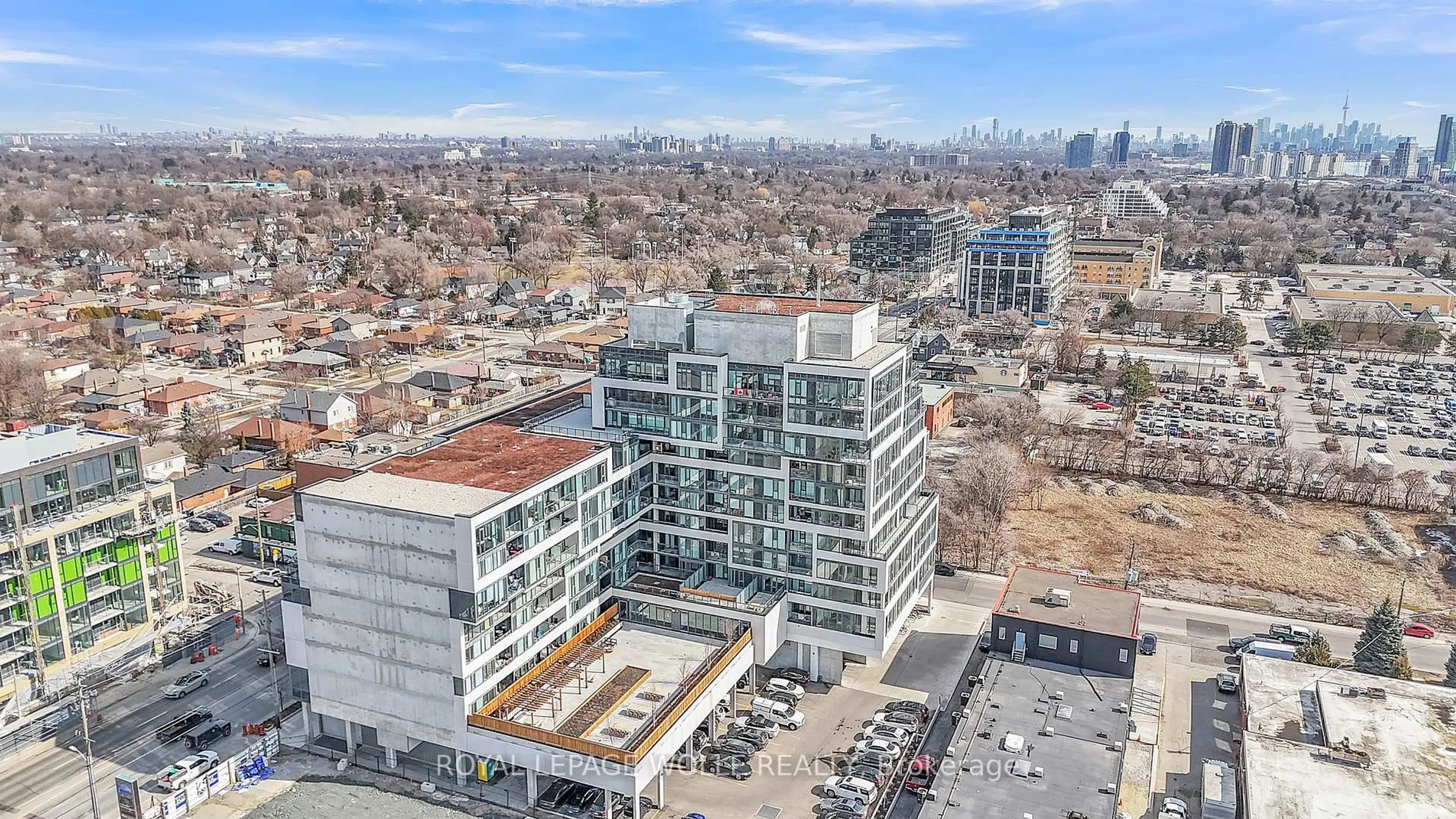 A pic from outside/outdoor area/front of a property/back of a property/a pic from drone, city buildings view from balcony for 859 The Queensway #412, Toronto Ontario M8Z 1N8