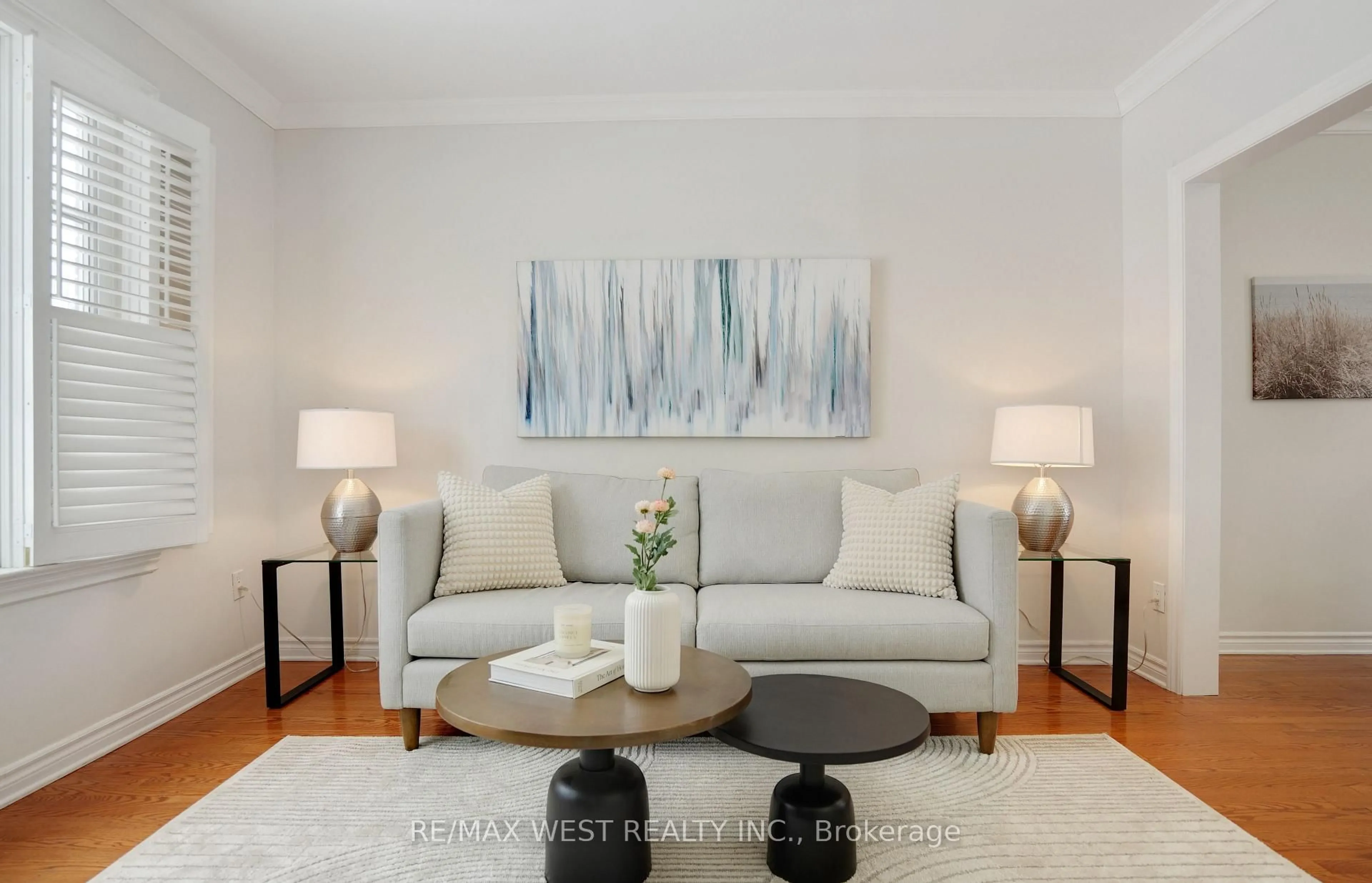 Living room with furniture, wood/laminate floor for 10 Allanbrooke Dr, Toronto Ontario M9A 3N8