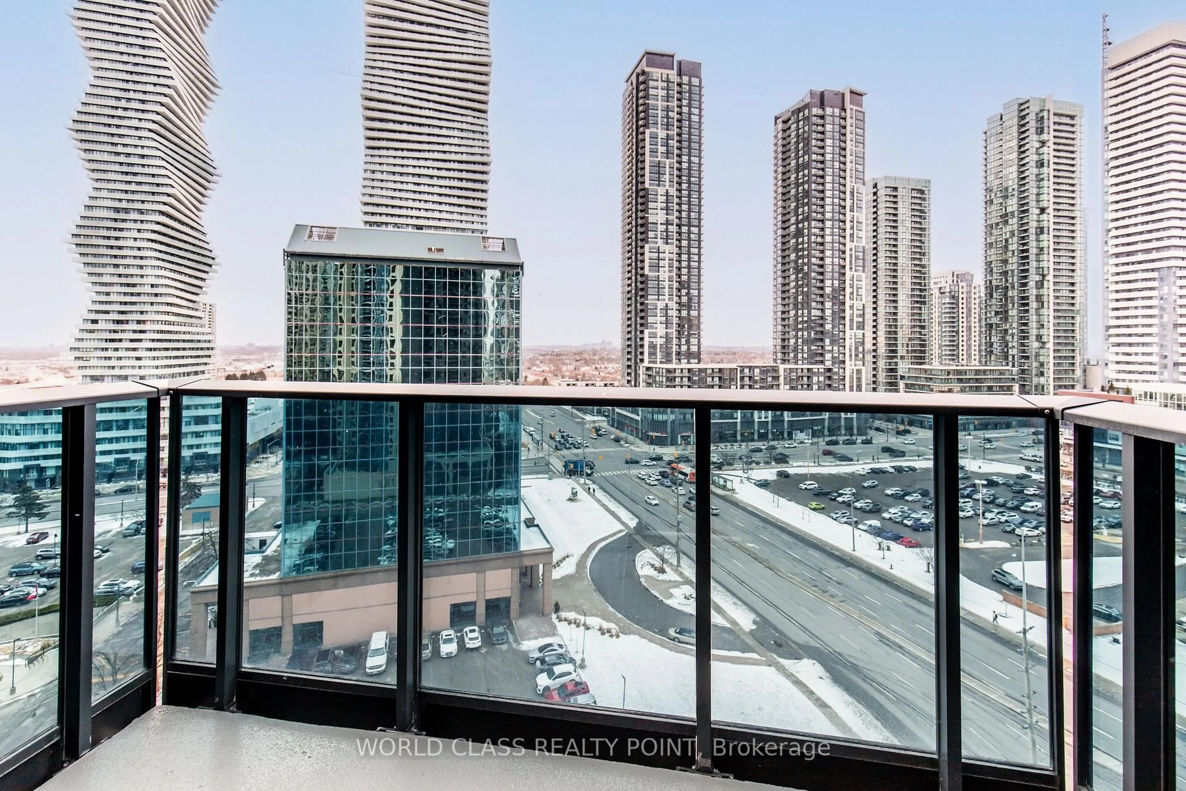 Balcony in the apartment, city buildings view from balcony for 330 Burnhamthorpe Rd #1402, Mississauga Ontario L5B 0E1