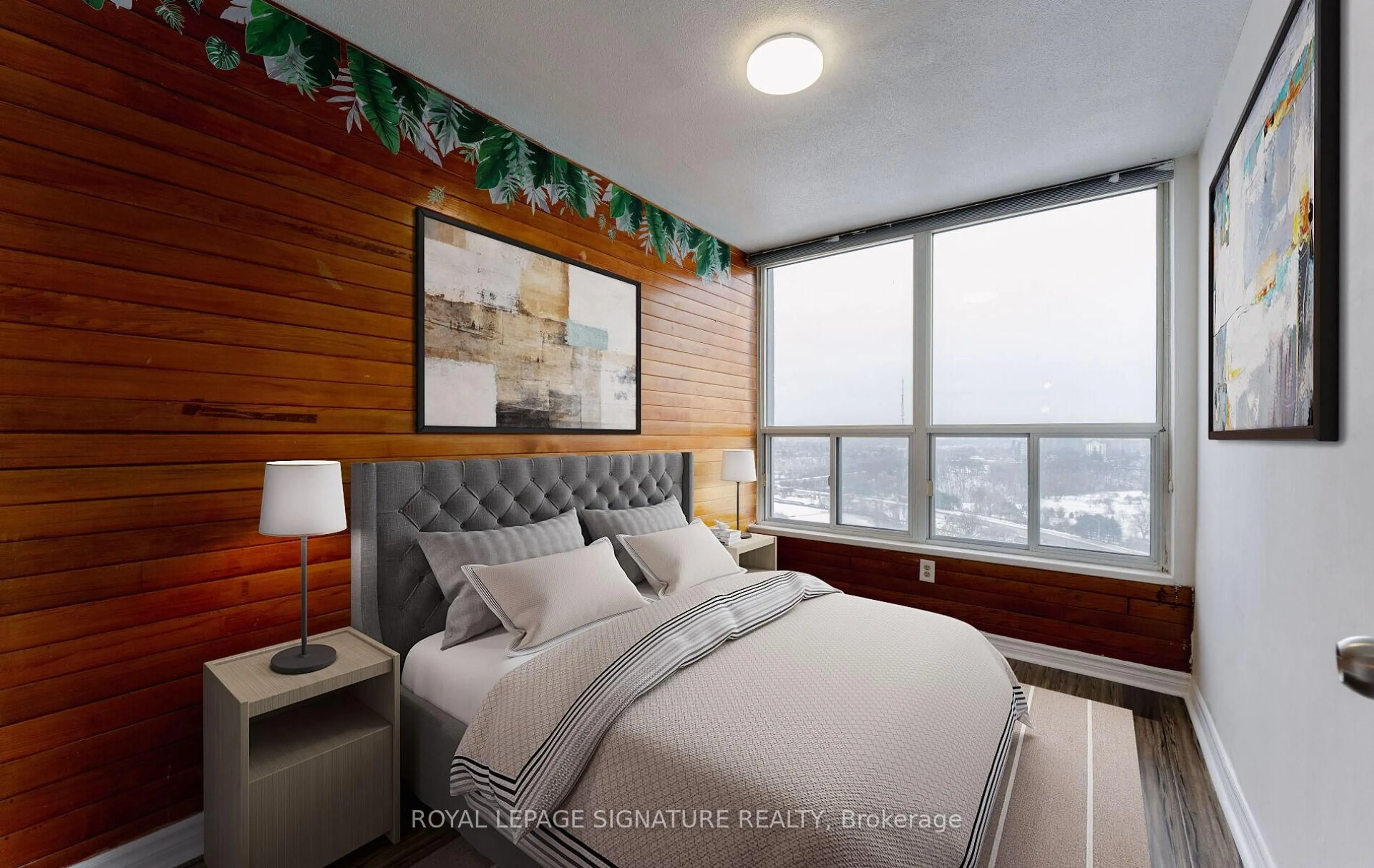 Bedroom with bed, wood/laminate floor for 85 Emmett Ave #2011, Toronto Ontario M6M 5A2