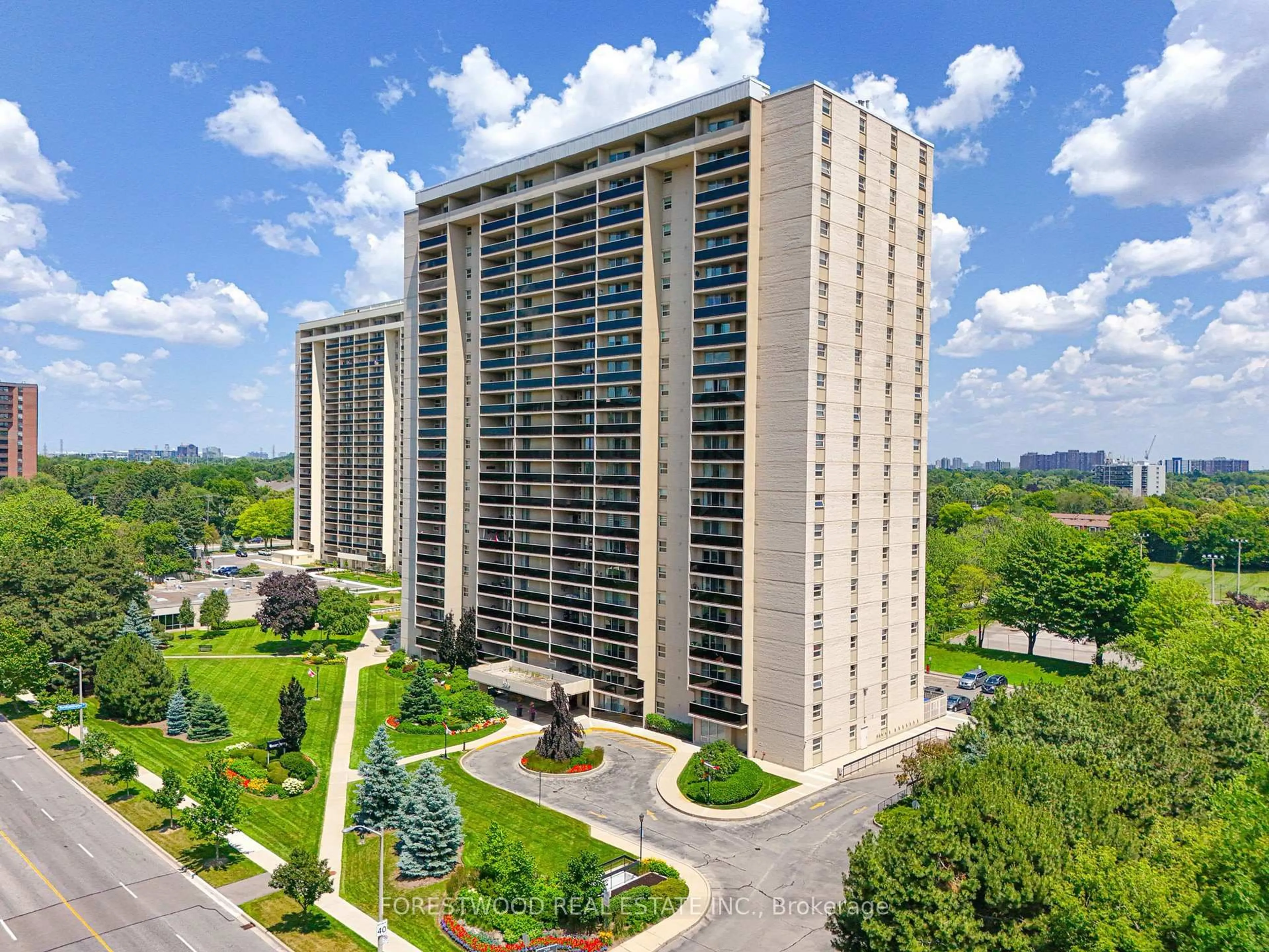 A pic from outside/outdoor area/front of a property/back of a property/a pic from drone, city buildings view from balcony for 299 Mill Rd #706, Toronto Ontario M9C 4V9