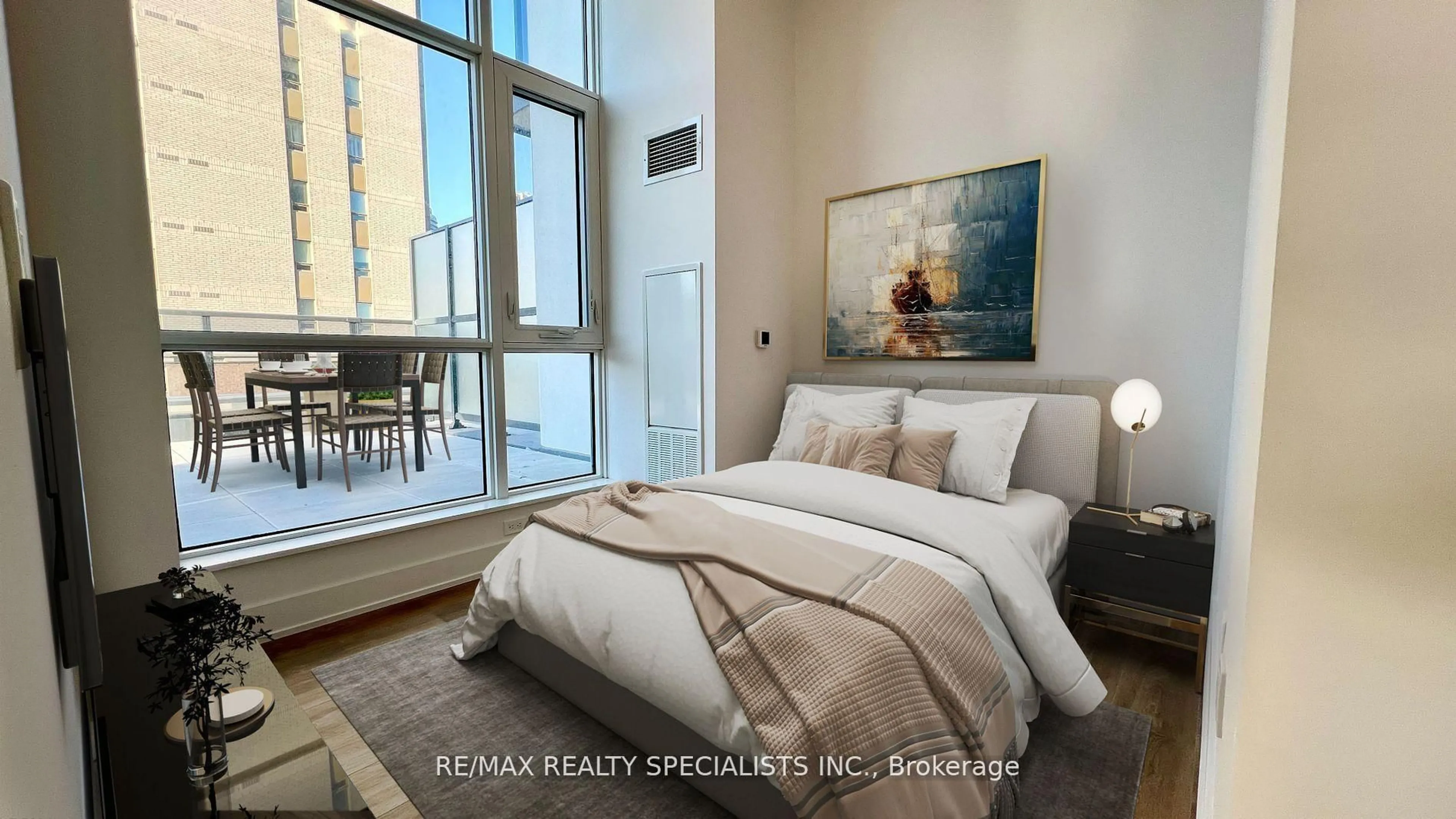 Bedroom with bed, ceramic/tile floor for 202 Burnhamthorpe Rd #302, Mississauga Ontario L5A 4L4