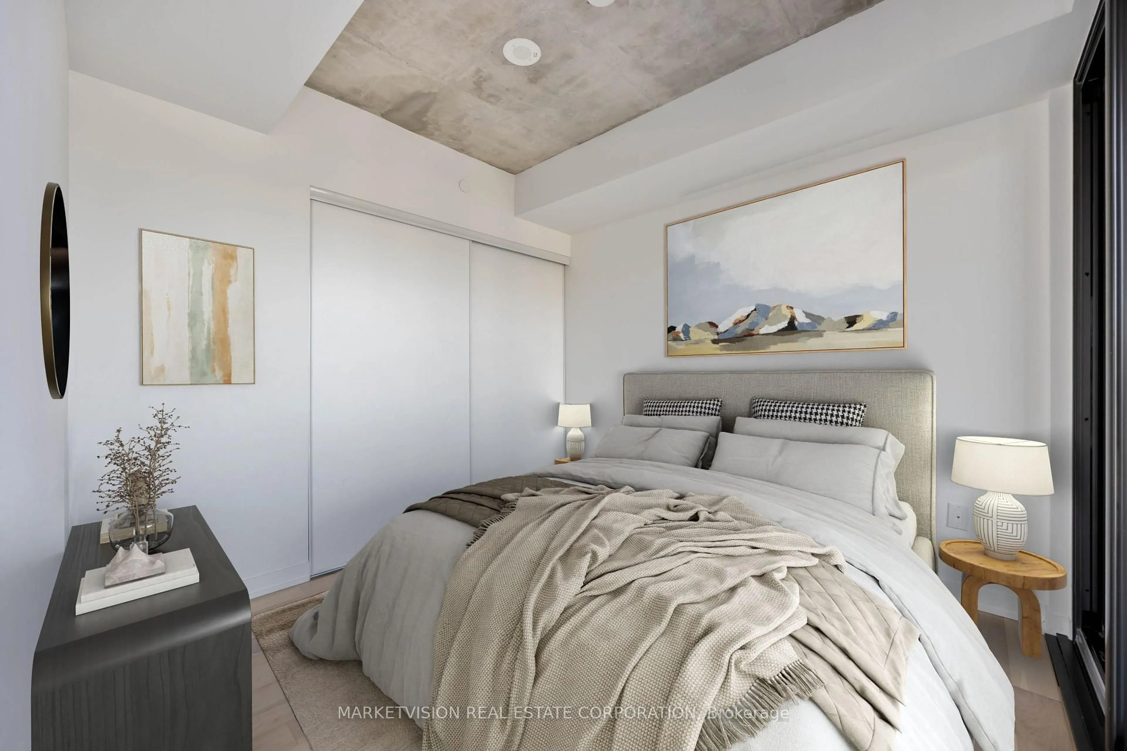 Bedroom with bed, cement floor for 2625 Dundas St #414, Toronto Ontario M6P 1X9