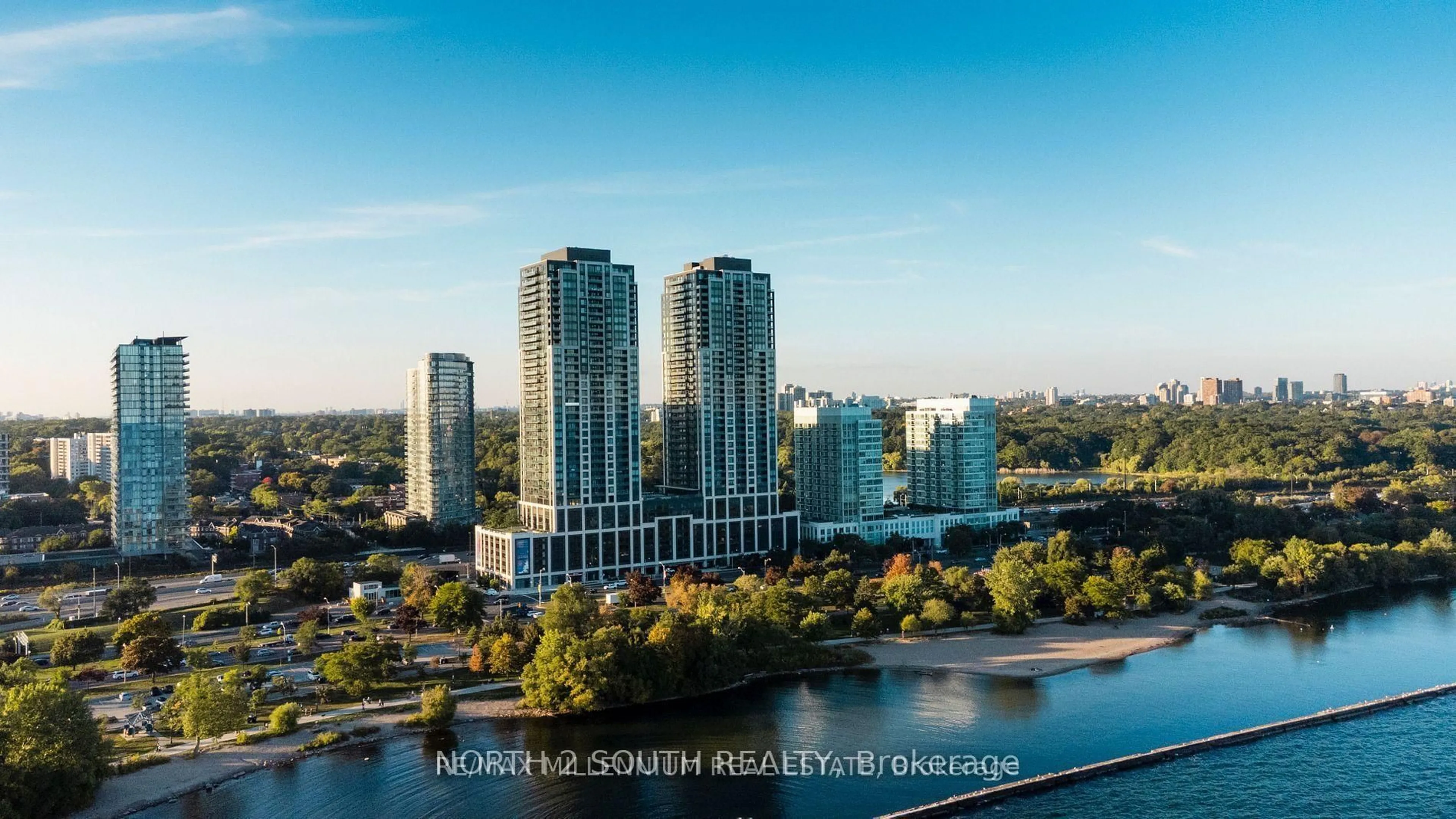 A pic from outside/outdoor area/front of a property/back of a property/a pic from drone, water/lake/river/ocean view for 1928 Lakeshore Blvd #3205, Toronto Ontario M6S 0B1