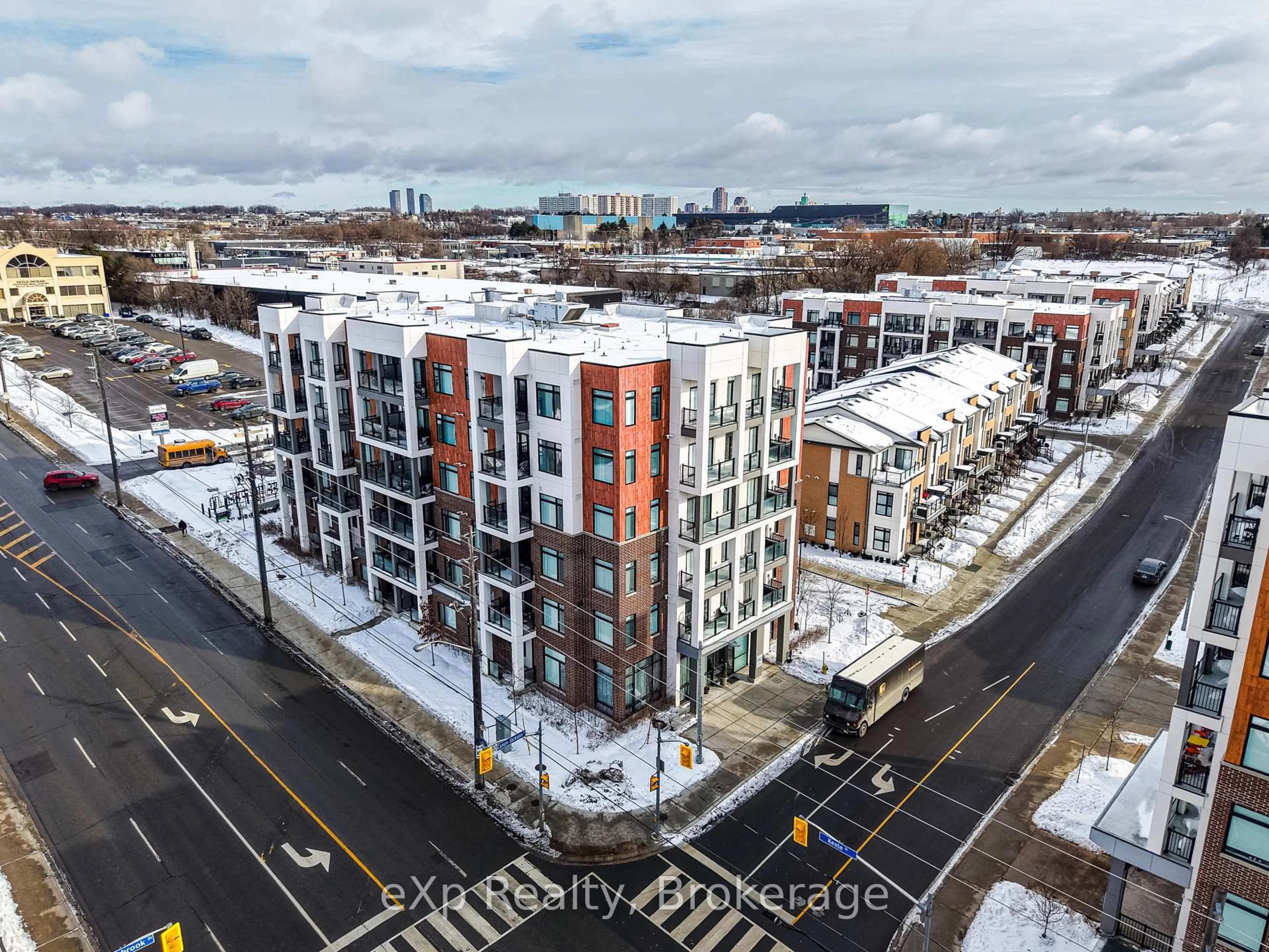 A pic from outside/outdoor area/front of a property/back of a property/a pic from drone, city buildings view from balcony for 160 Canon Jackson Dr #410, Toronto Ontario M6M 0B6
