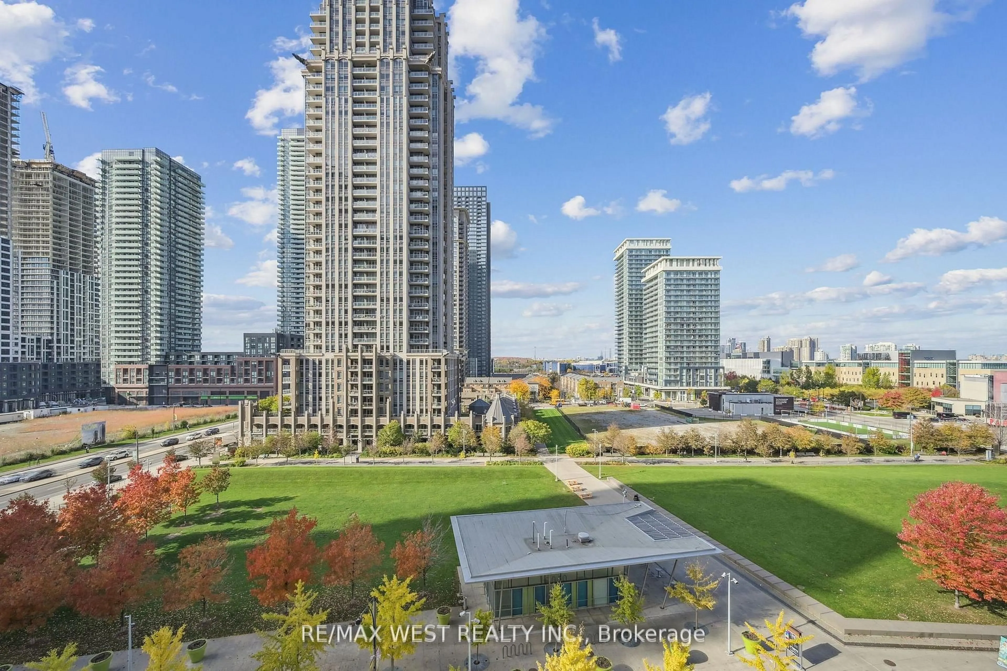 Patio, city buildings view from balcony for 350 Princess Royal Dr #805, Mississauga Ontario L5B 4N1