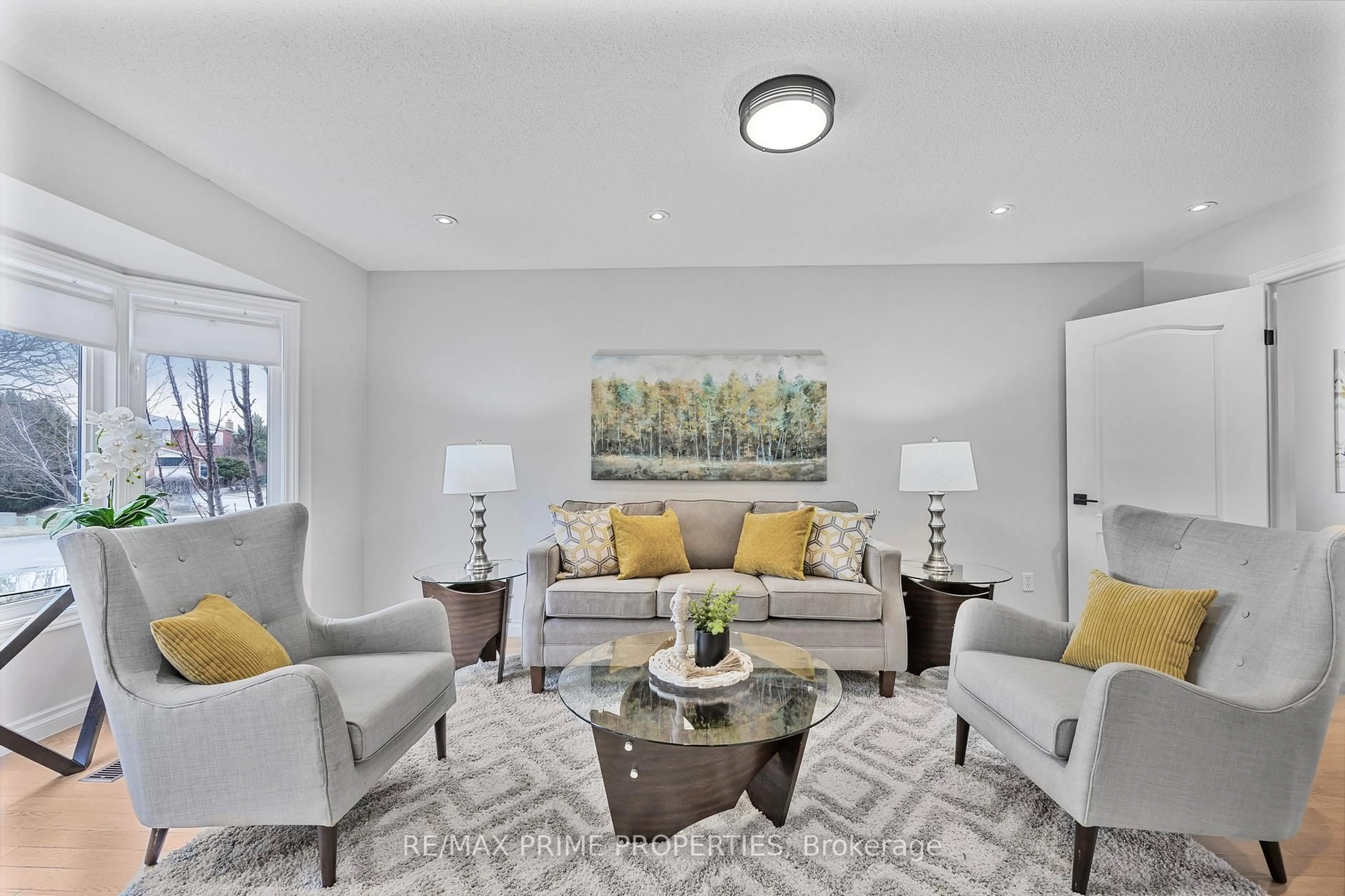 Living room with furniture, carpet floor for 49 De Rose Ave, Caledon Ontario L7E 1A9