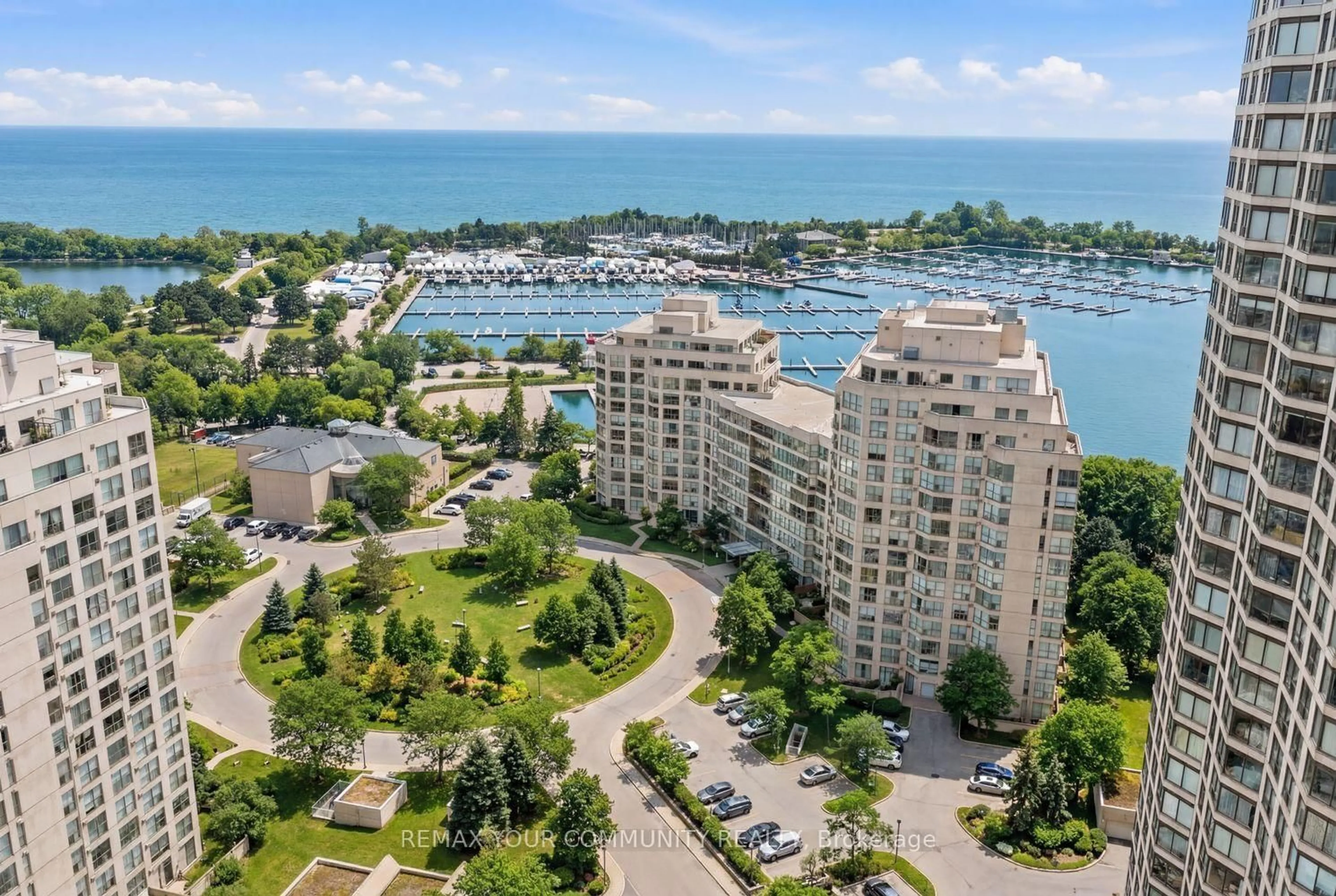 A pic from outside/outdoor area/front of a property/back of a property/a pic from drone, water/lake/river/ocean view for 2267 Lake Shore Blvd #110, Toronto Ontario M8V 3X2