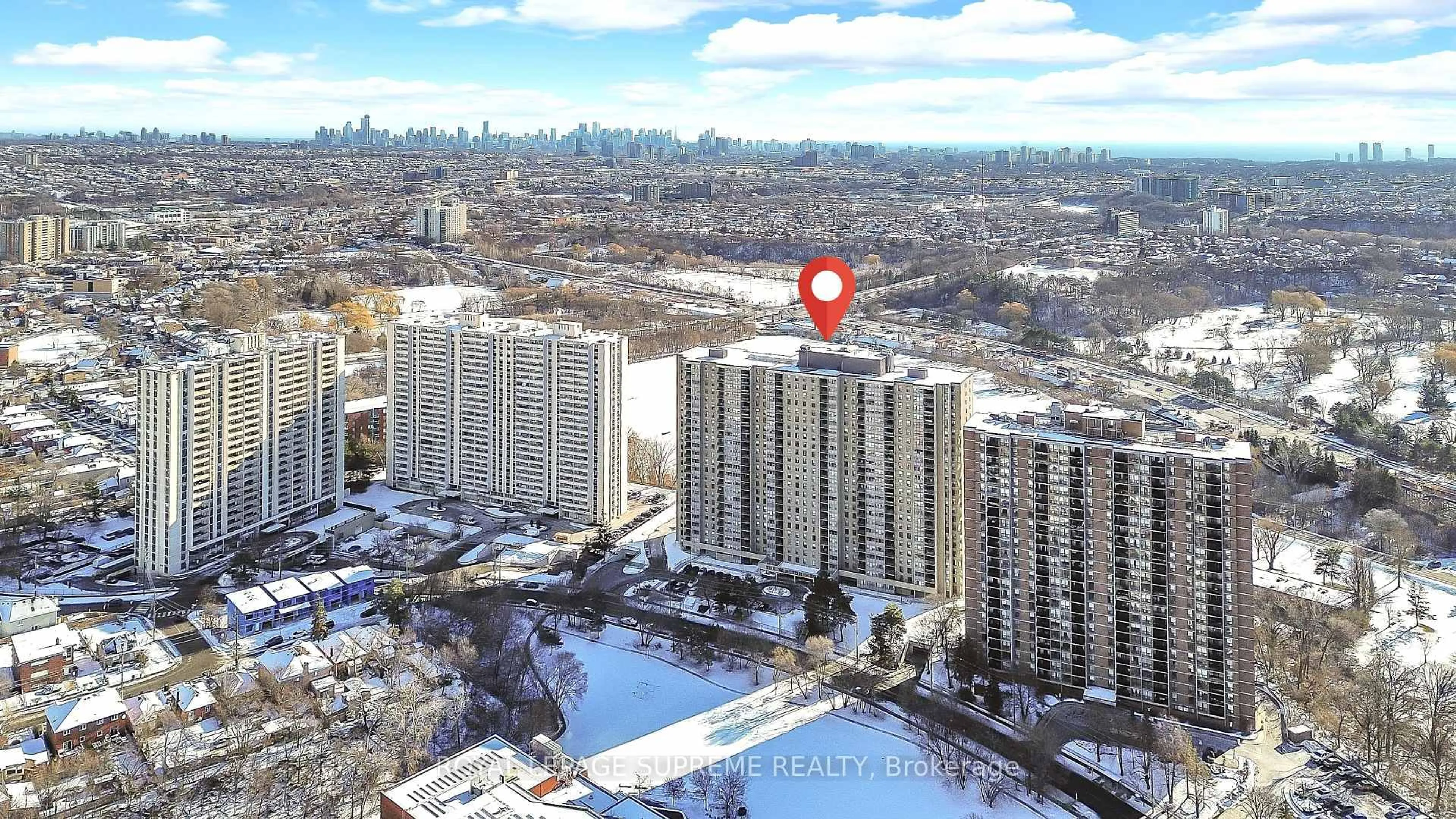 A pic from outside/outdoor area/front of a property/back of a property/a pic from drone, city buildings view from balcony for 75 Emmett Ave #602, Toronto Ontario M6M 5A7