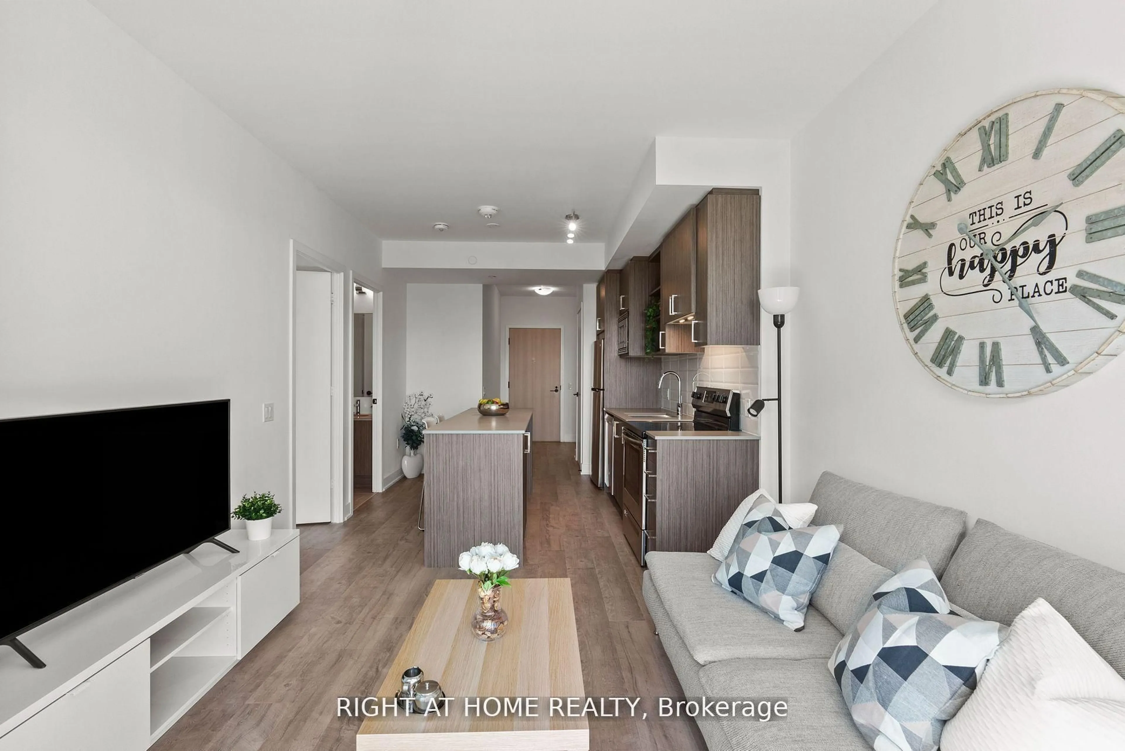 Open concept kitchen, wood/laminate floor for 60 George Butch 509 Dr #34, Toronto Ontario M3K 0E1