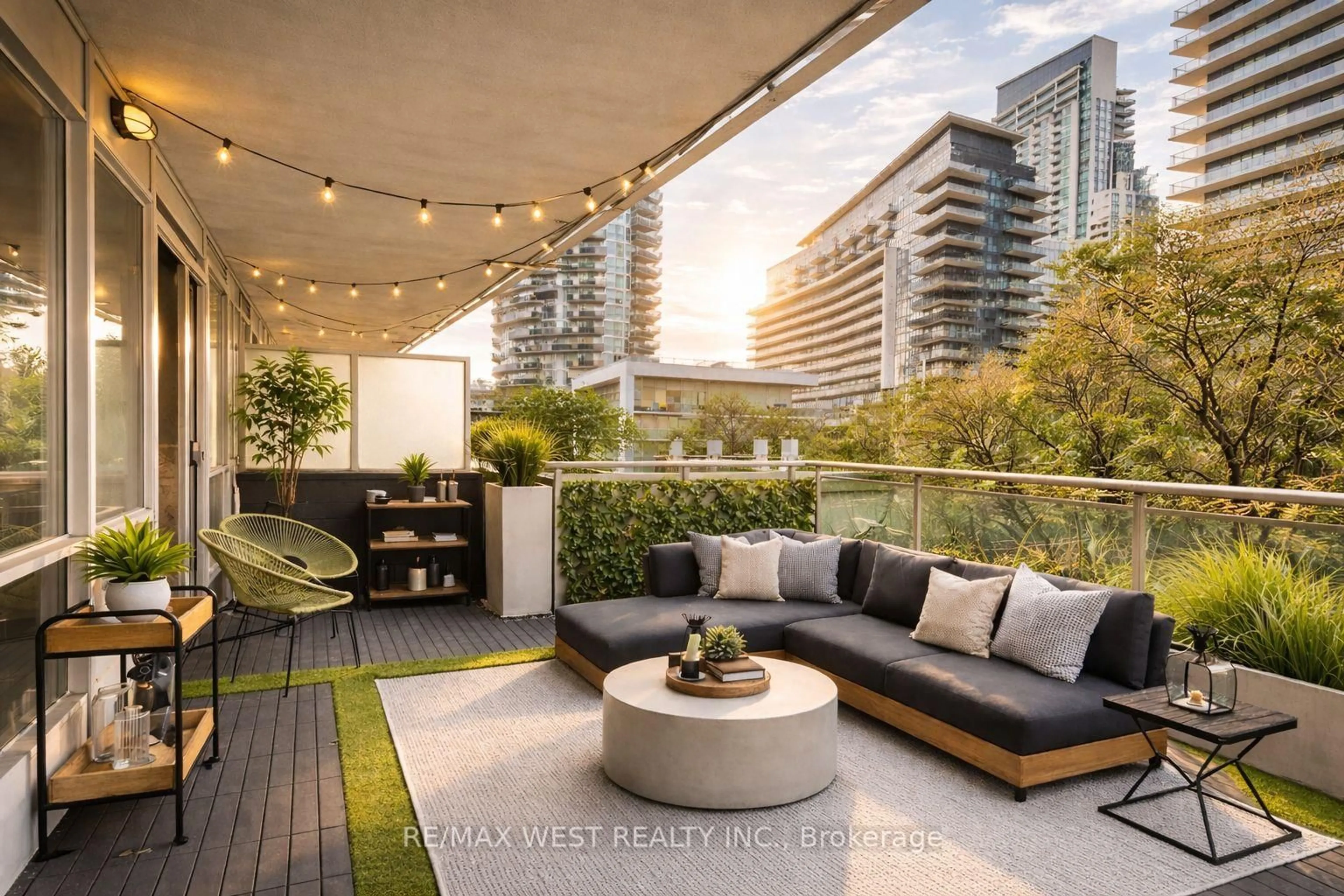 Patio, city buildings view from balcony for 16 Brookers Lane #217, Toronto Ontario M8V 0A5