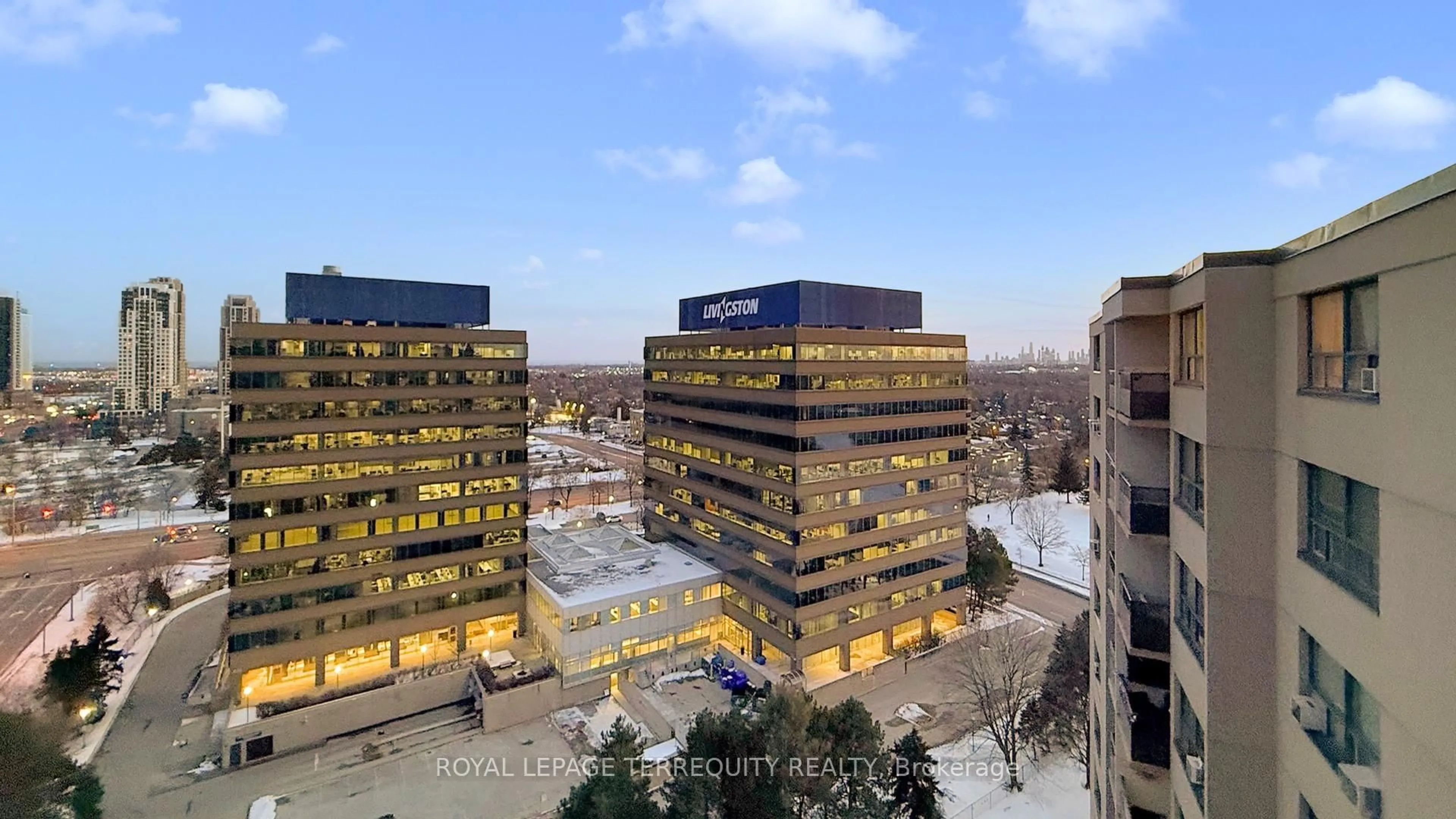 A pic from outside/outdoor area/front of a property/back of a property/a pic from drone, city buildings view from balcony for 451 The West Mall #1616, Toronto Ontario M9C 1G1