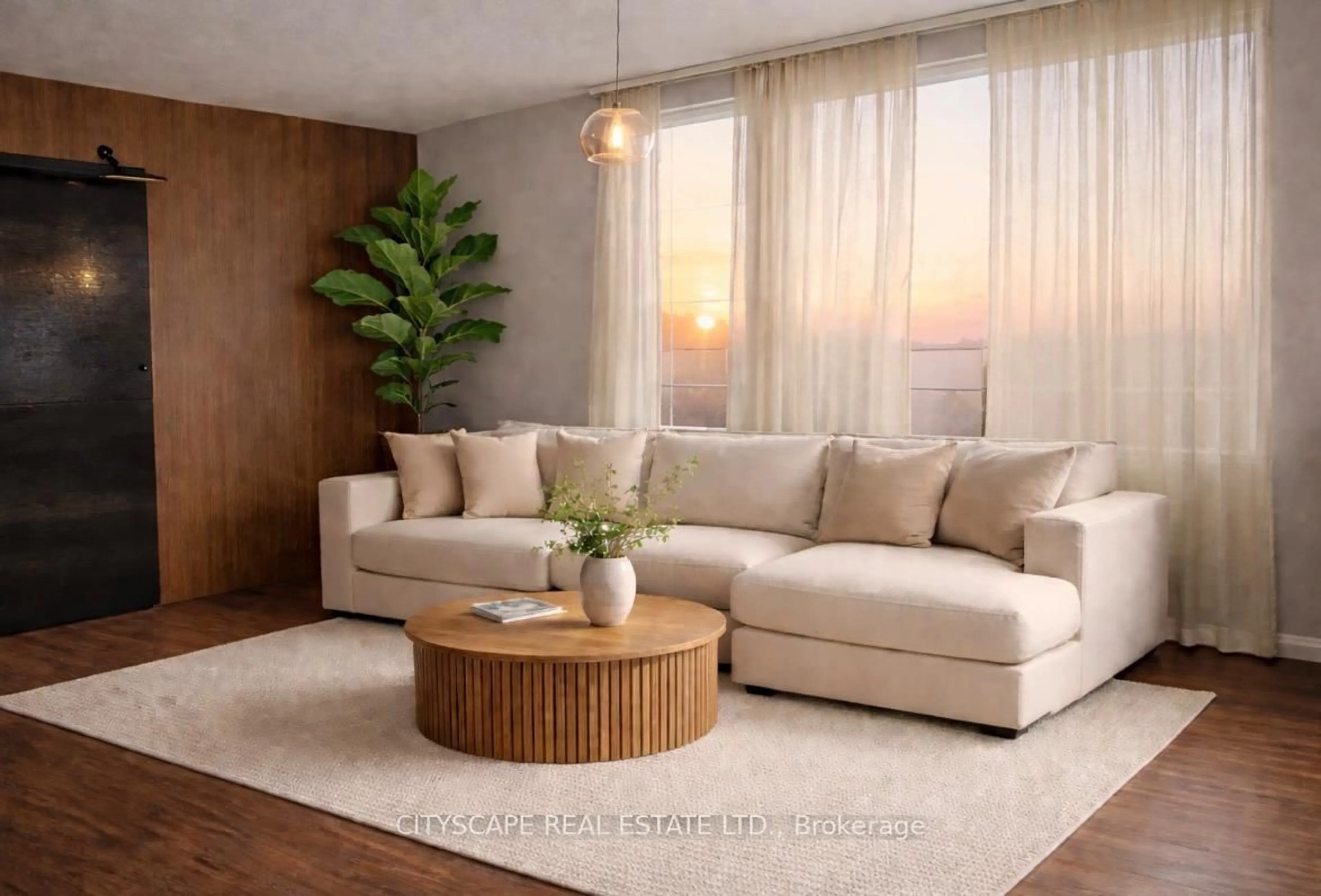 Living room with furniture, wood/laminate floor for 49 Queen St #1004, Mississauga Ontario L5G 4N6