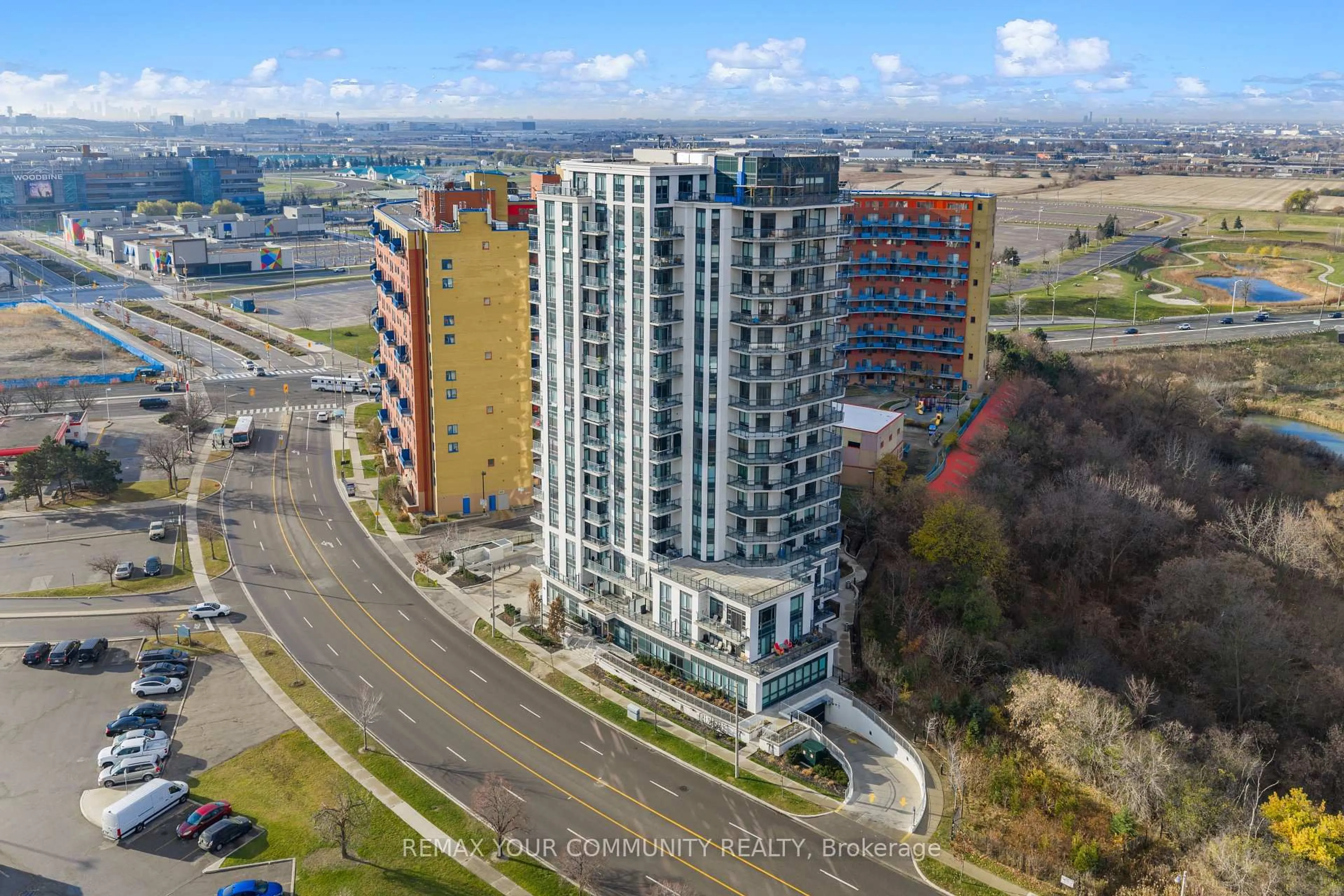 A pic from outside/outdoor area/front of a property/back of a property/a pic from drone, city buildings view from balcony for 840 Queens Plate Dr #510, Toronto Ontario M9W 0E7