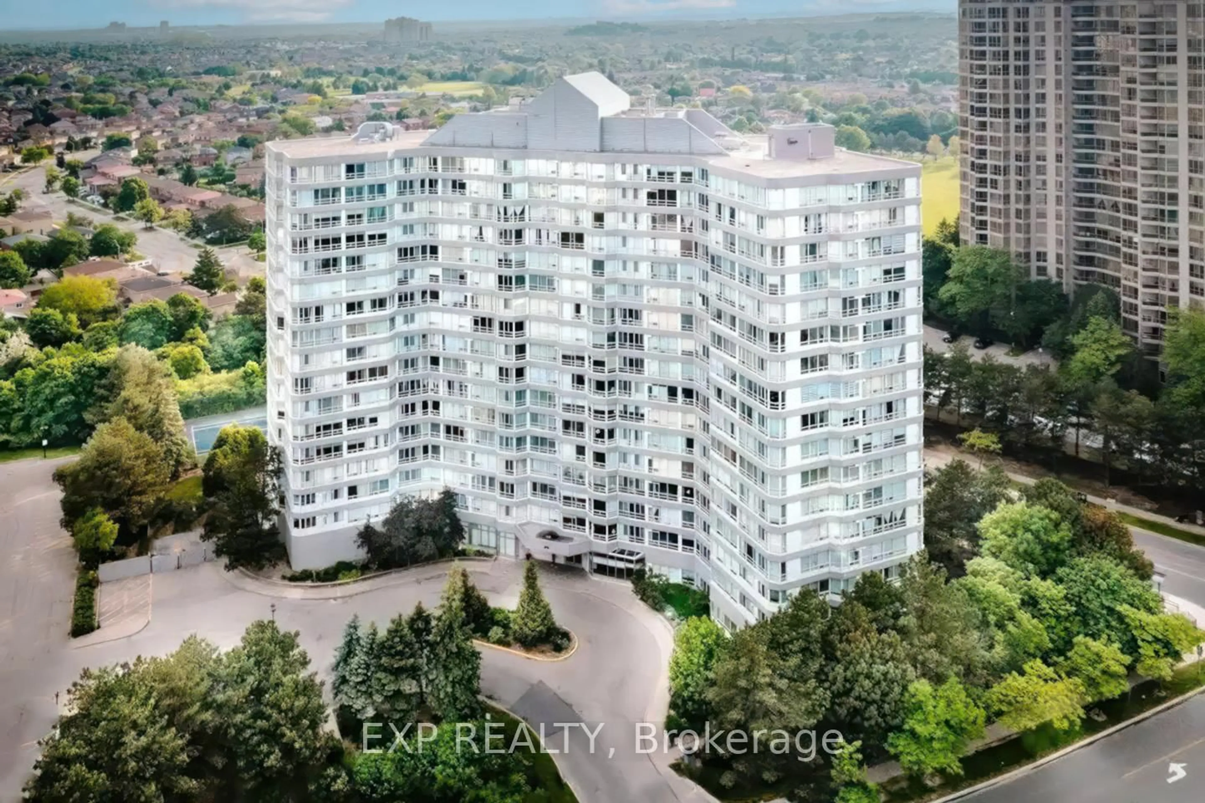 A pic from outside/outdoor area/front of a property/back of a property/a pic from drone, city buildings view from balcony for 50 Kingsbridge Garden Circ #106, Mississauga Ontario L5R 1Y2