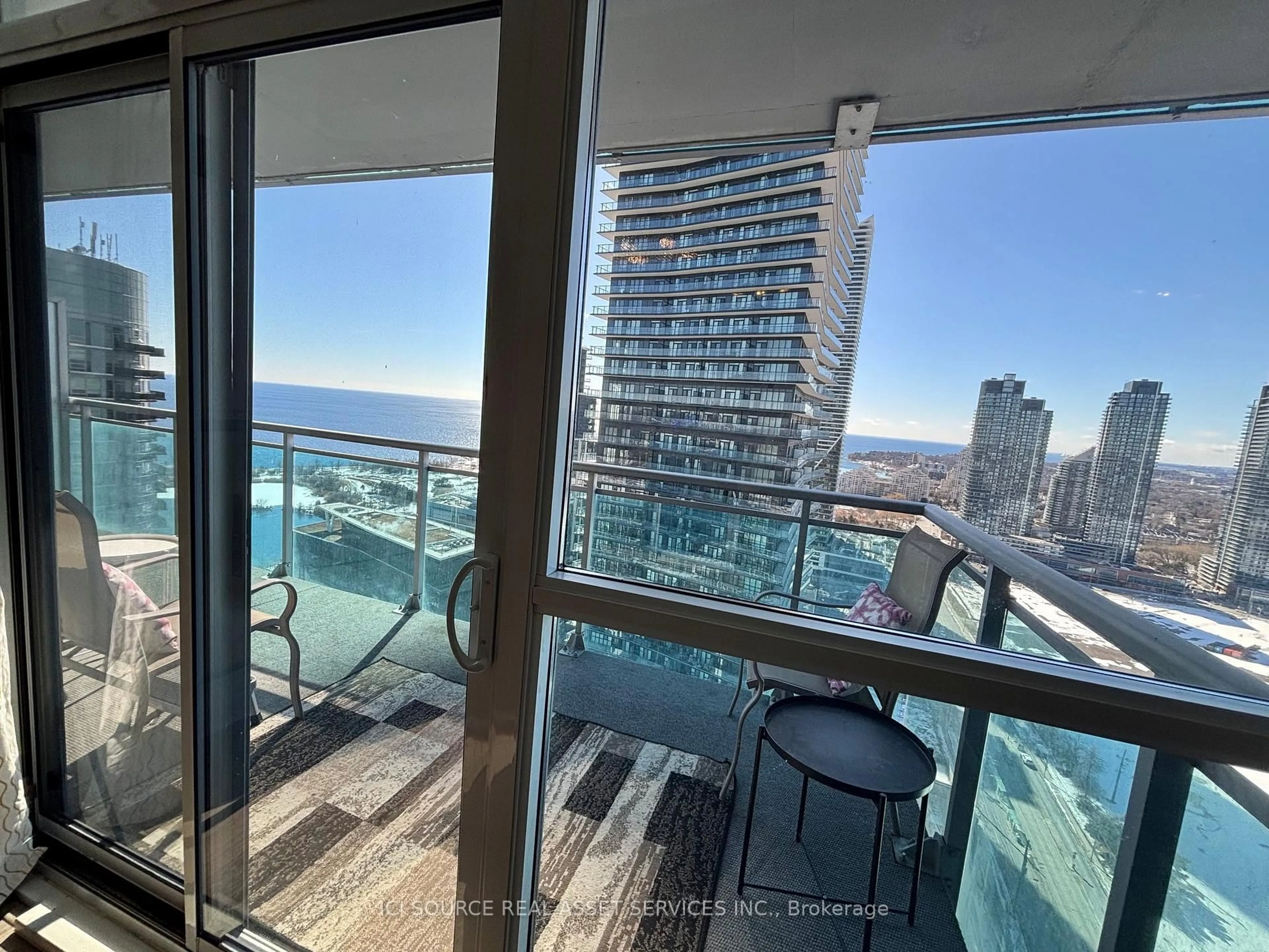 Balcony in the apartment, city buildings view from balcony for 16 Brookers Lane #3008, Toronto Ontario M8V 0A5