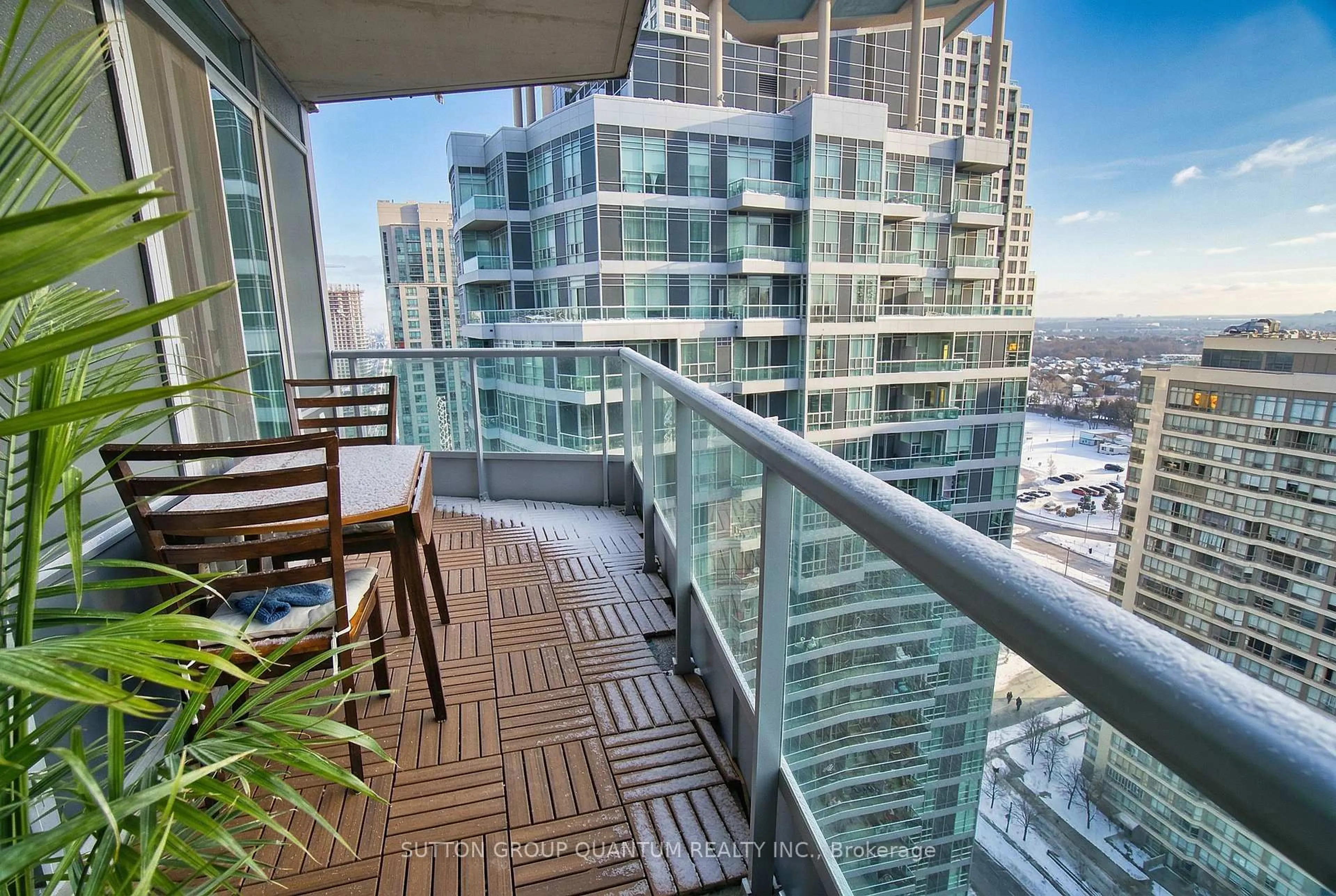 Balcony in the apartment, city buildings view from balcony for 1 Elm Dr #2705, Mississauga Ontario L5B 4M1