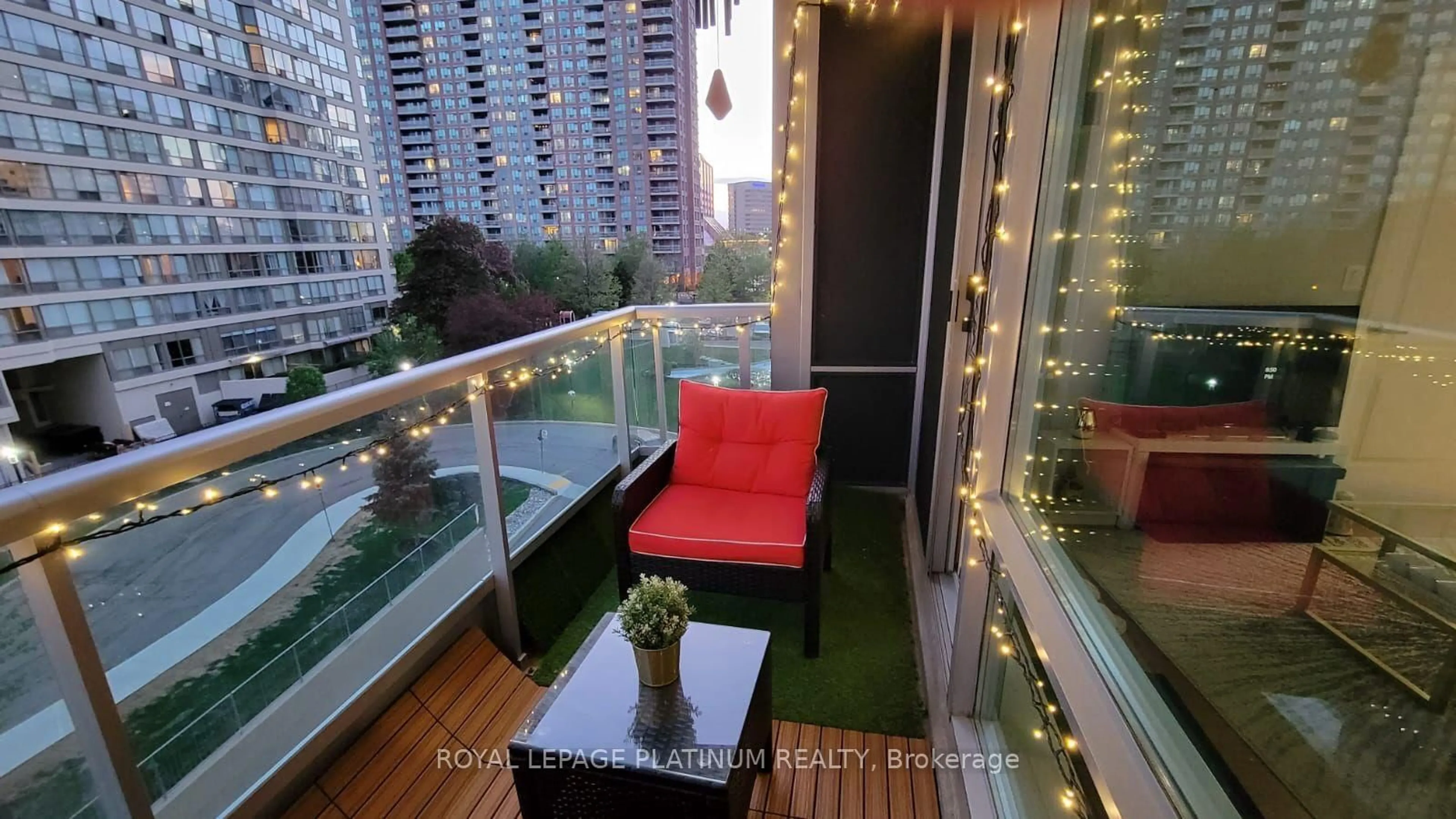 Balcony in the apartment, city buildings view from balcony for 33 Elm Dr #405, Mississauga Ontario L5B 4M2