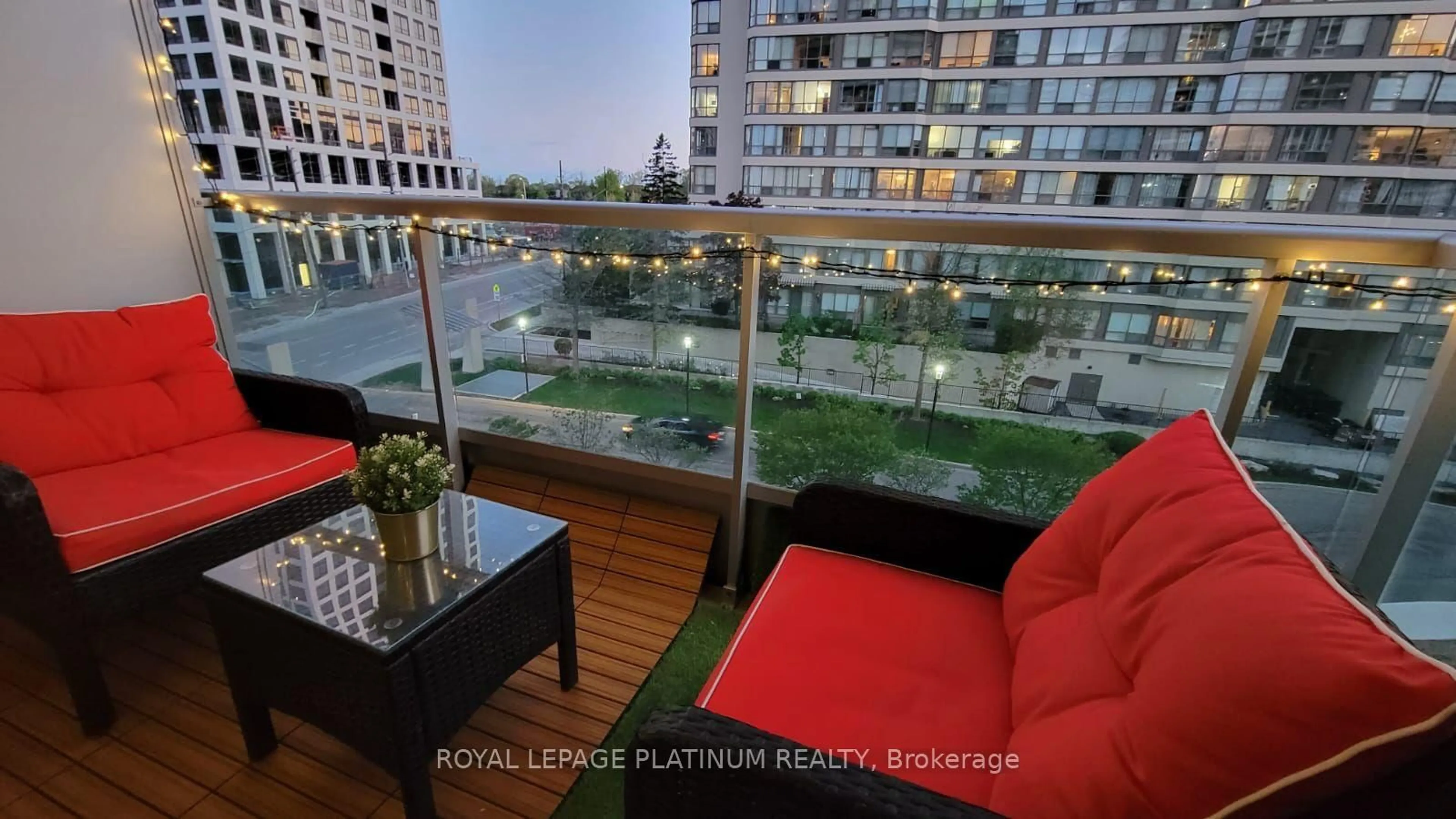 Balcony in the apartment, city buildings view from balcony for 33 Elm Dr #405, Mississauga Ontario L5B 4M2