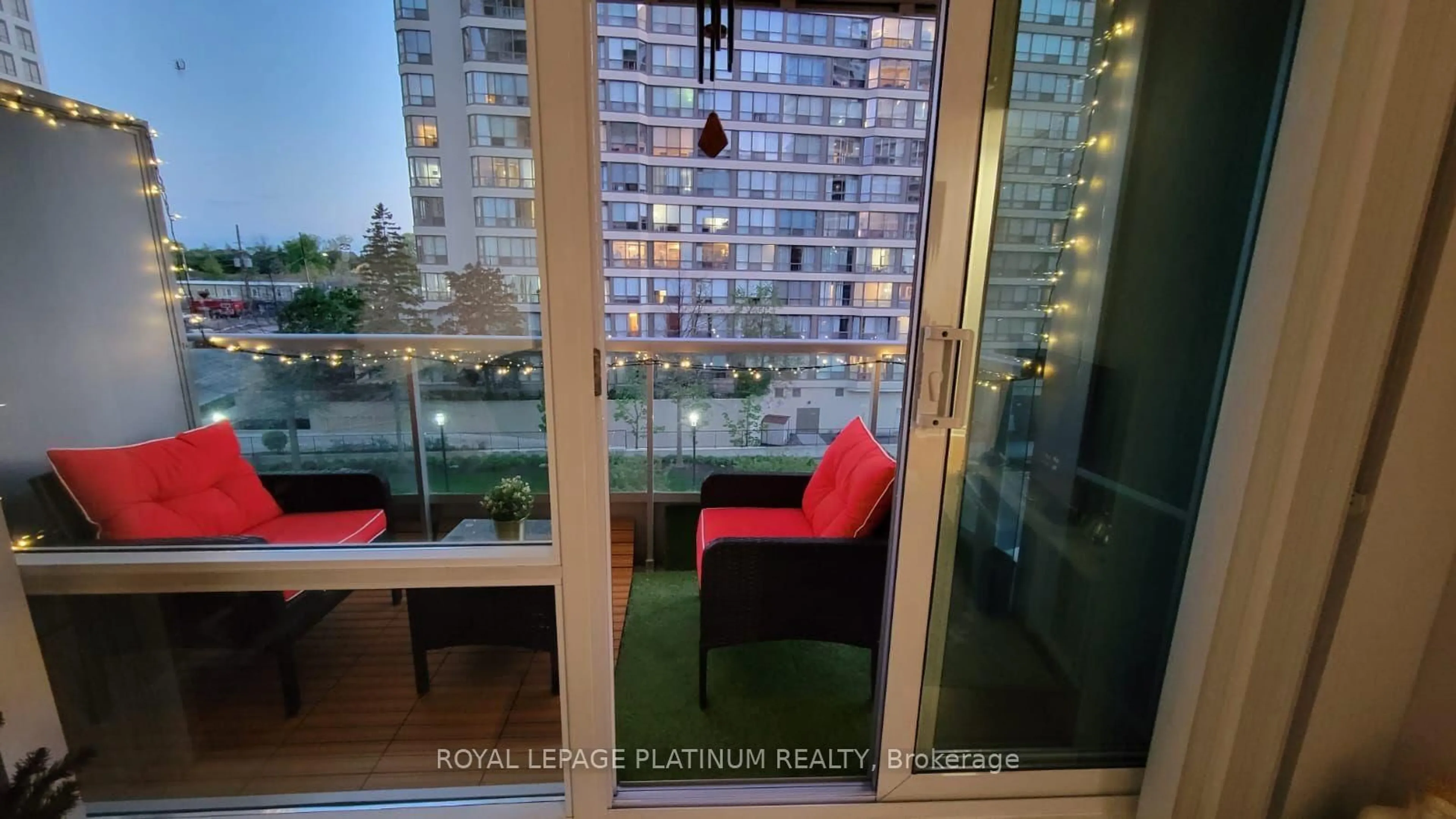 Balcony in the apartment, city buildings view from balcony for 33 Elm Dr #405, Mississauga Ontario L5B 4M2