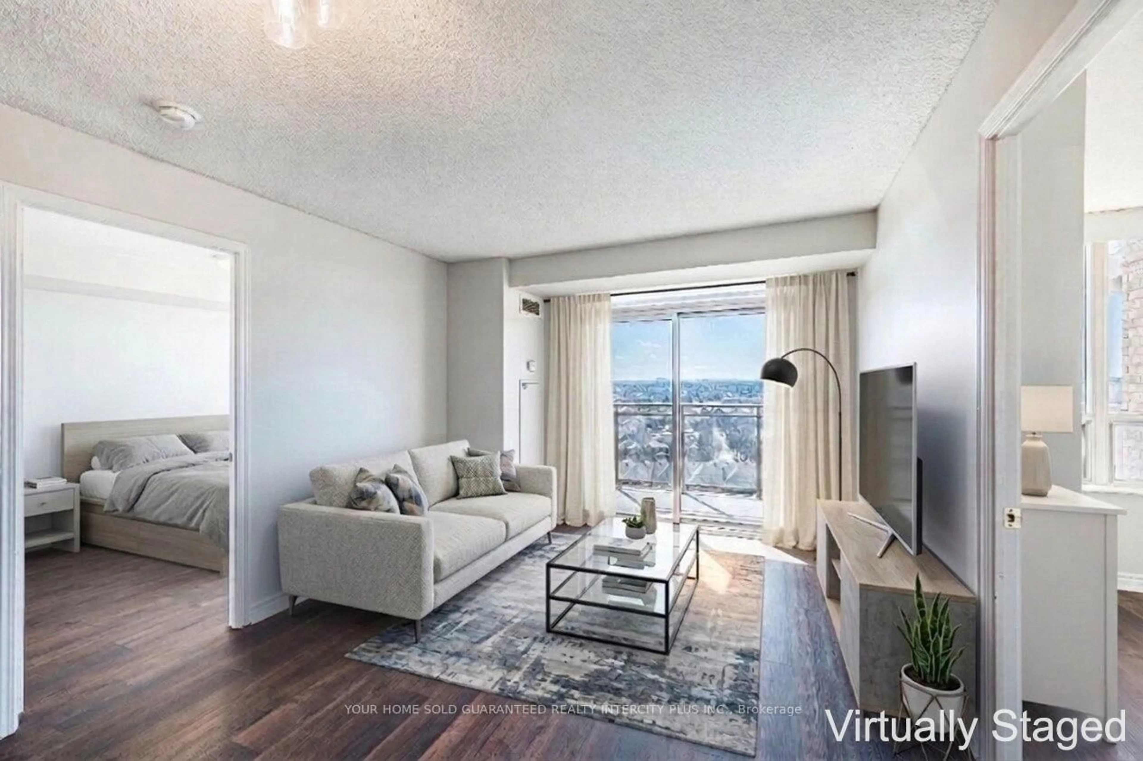 Living room with furniture, wood/laminate floor for 55 Strathaven Dr #1210, Mississauga Ontario L5R 4G9