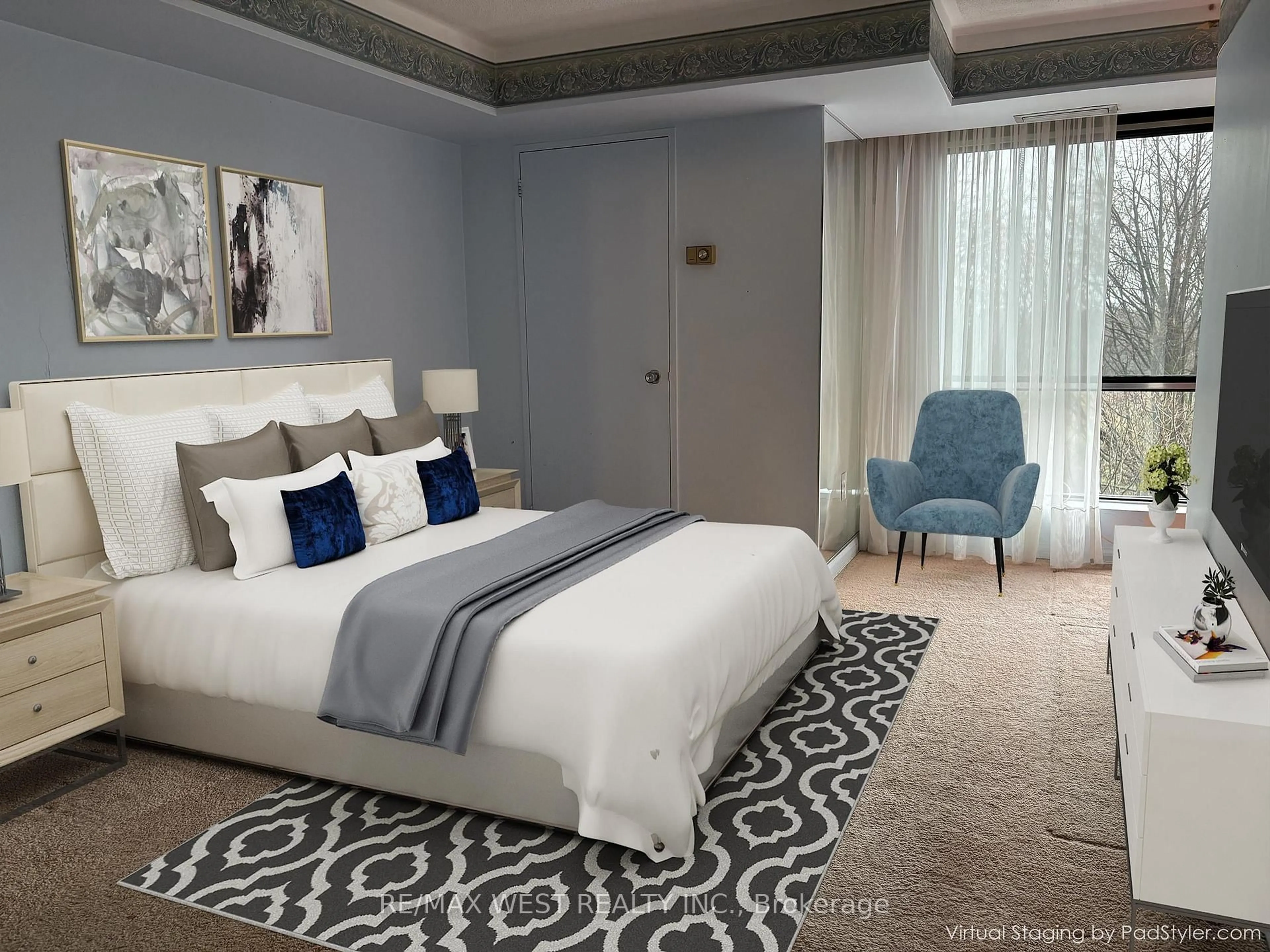 Bedroom with bed, carpet floor for 1400 Dixie Rd #604, Mississauga Ontario L5E 3E1