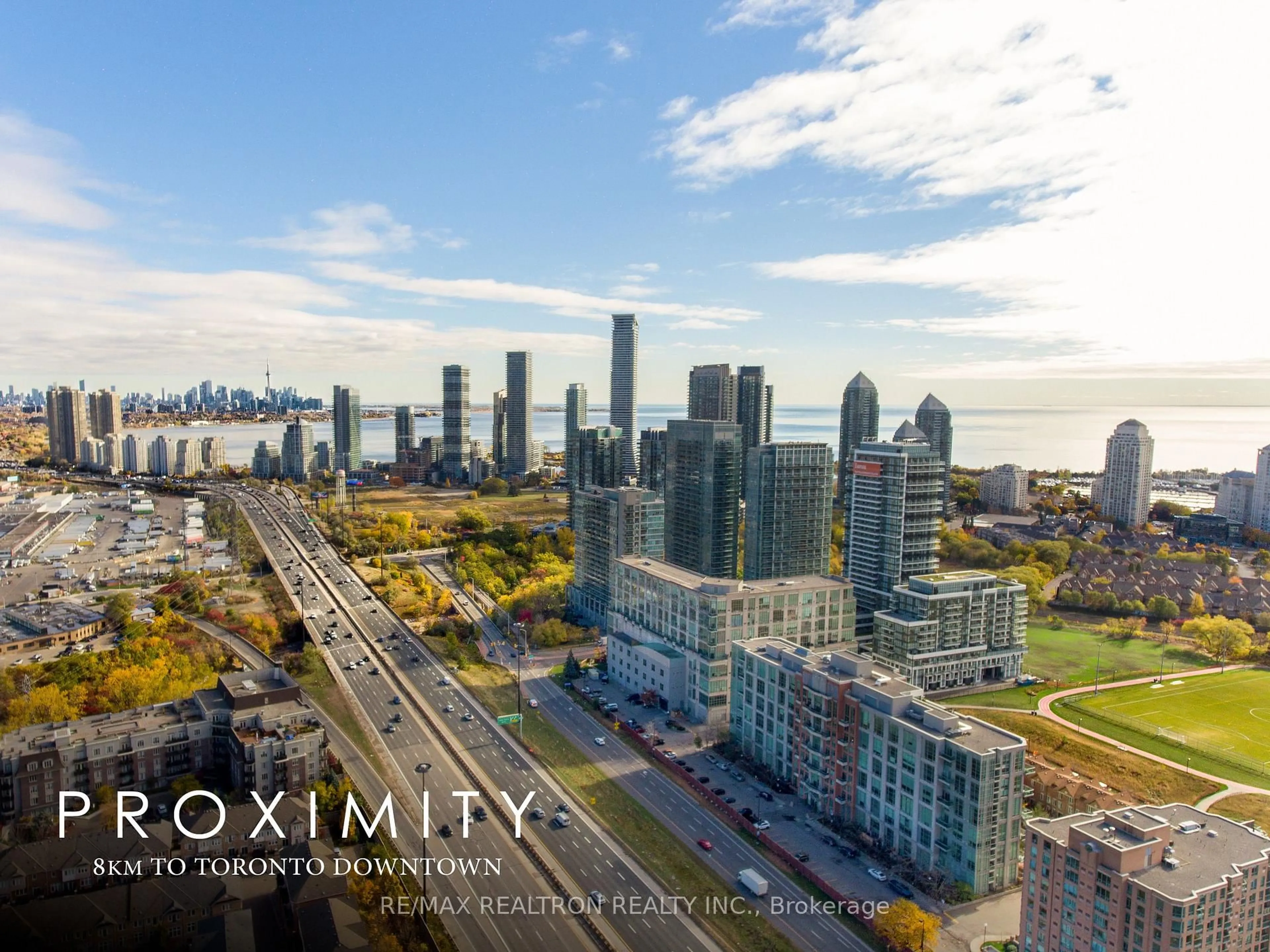 A pic from outside/outdoor area/front of a property/back of a property/a pic from drone, city buildings view from balcony for 300 Manitoba St #311, Toronto Ontario M8Y 4G6