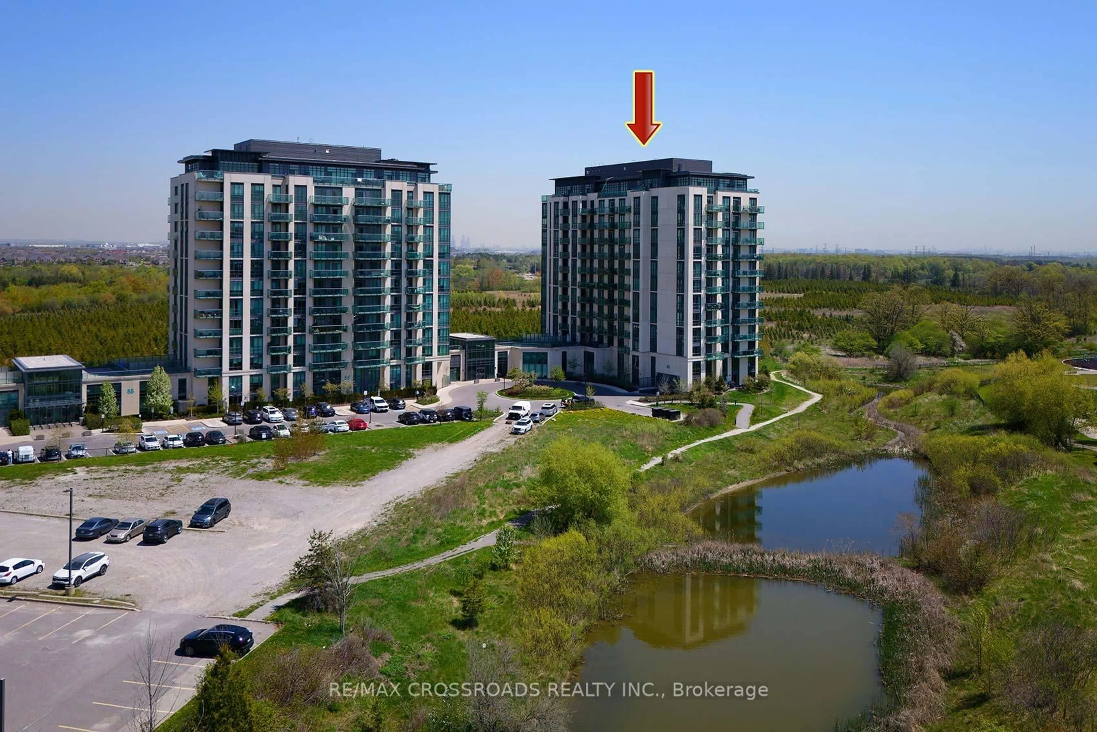 A pic from outside/outdoor area/front of a property/back of a property/a pic from drone, water/lake/river/ocean view for 65 Yorkland Blvd #206, Brampton Ontario L6P 4M5