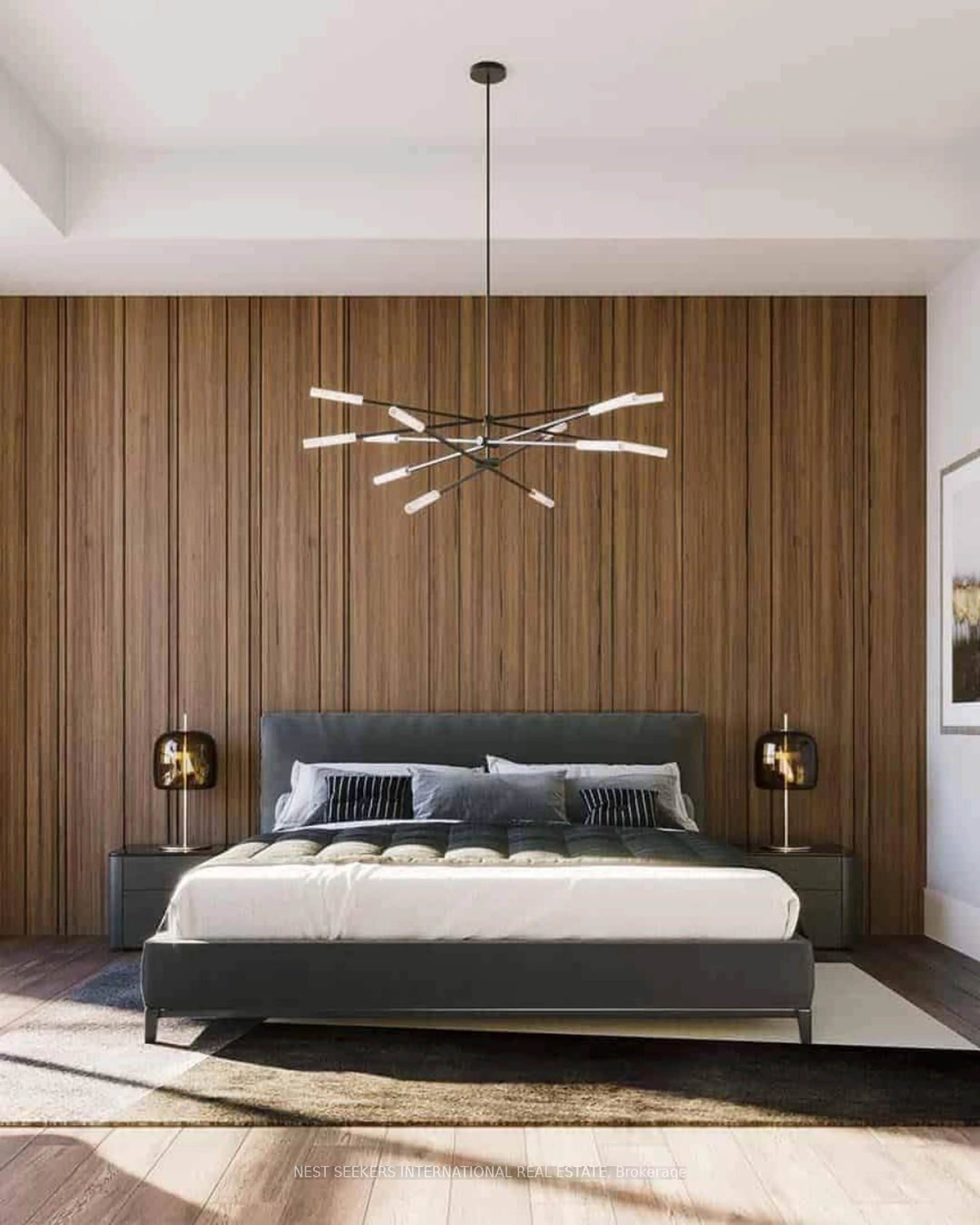 Bedroom with bed, wood/laminate floor for 840 Dupont St #742, Toronto Ontario A1A 1A1