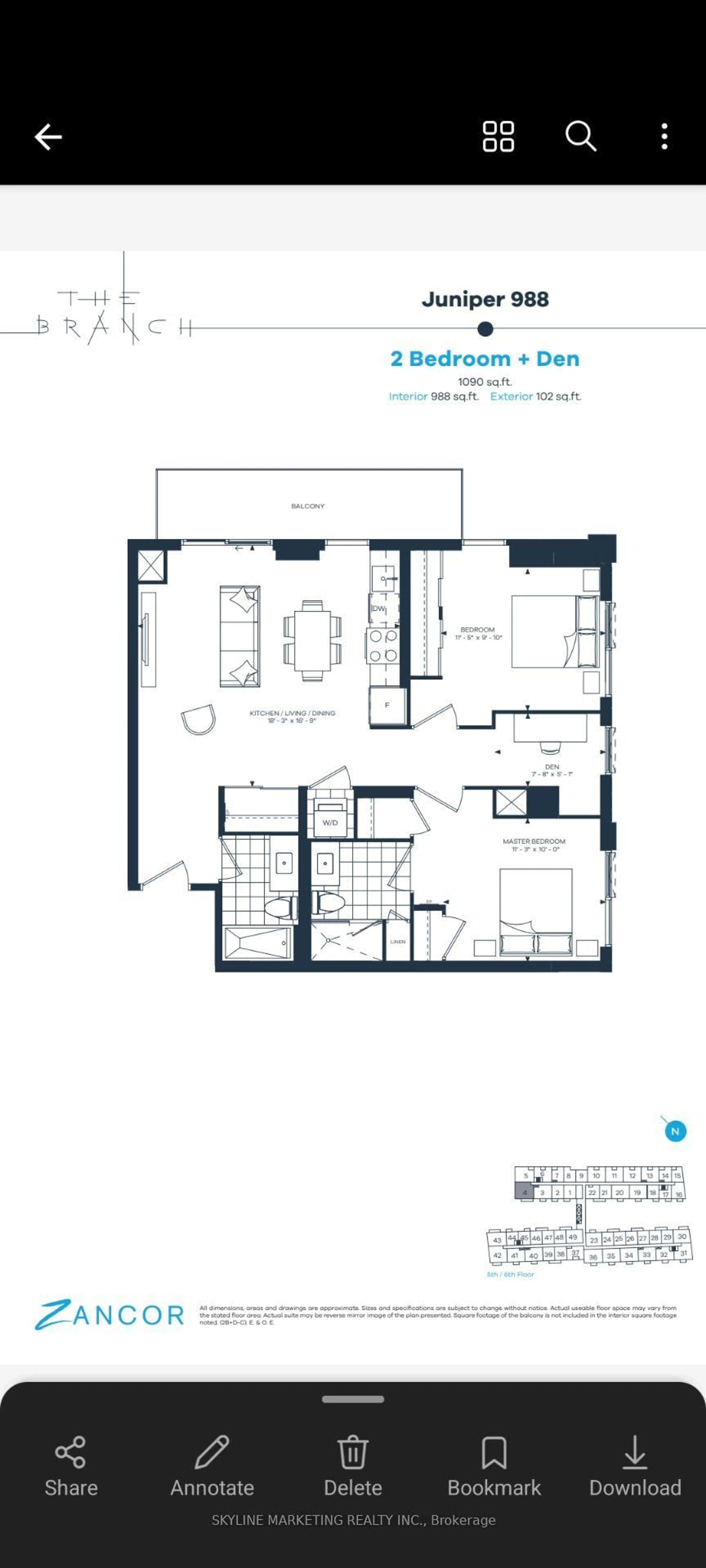 Floor plan for 2450 Old Bronte Rd #504, Oakville Ontario L6M 5P6