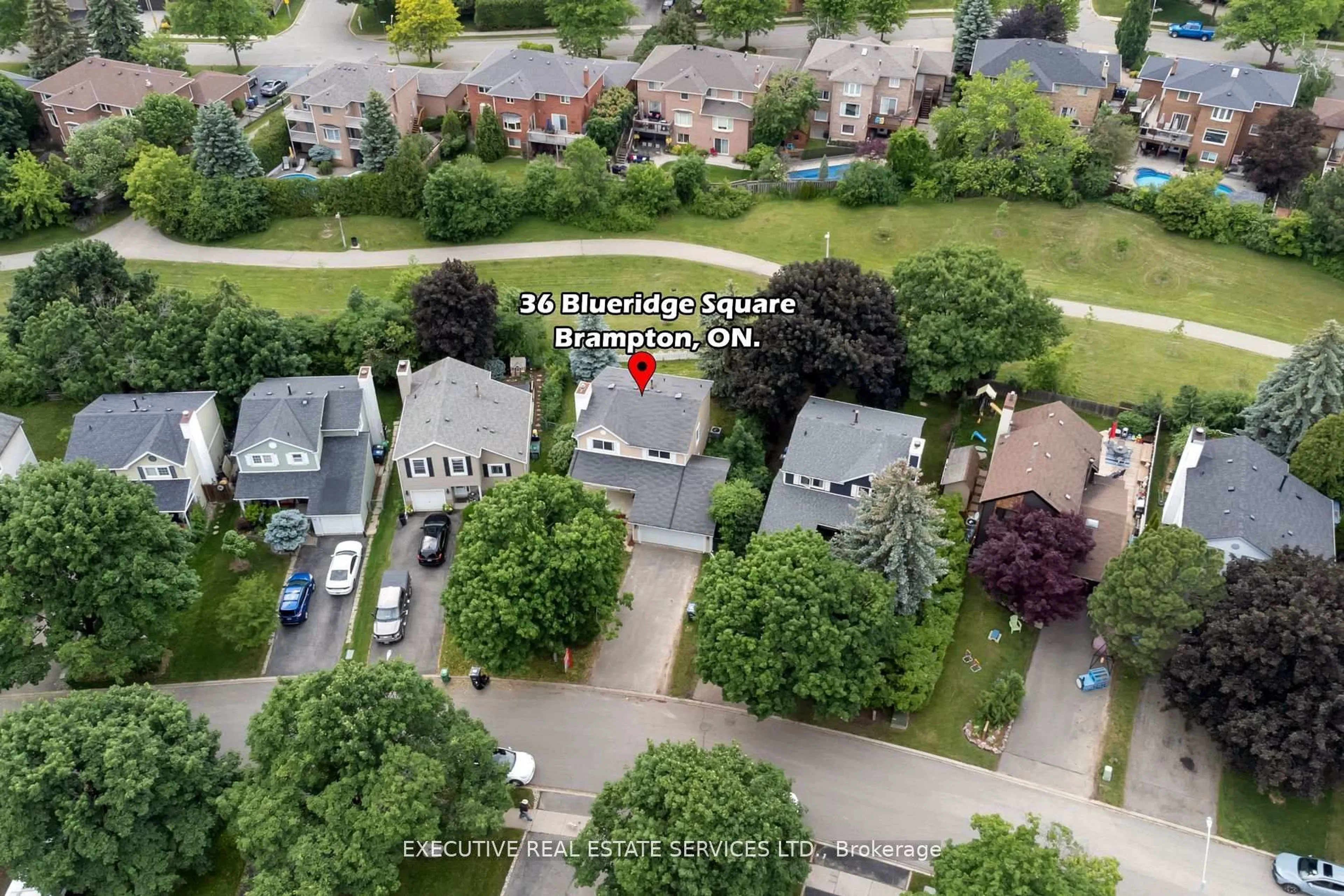 A pic from outside/outdoor area/front of a property/back of a property/a pic from drone, street for 36 Blueridge Sq, Brampton Ontario L6Z 1A1