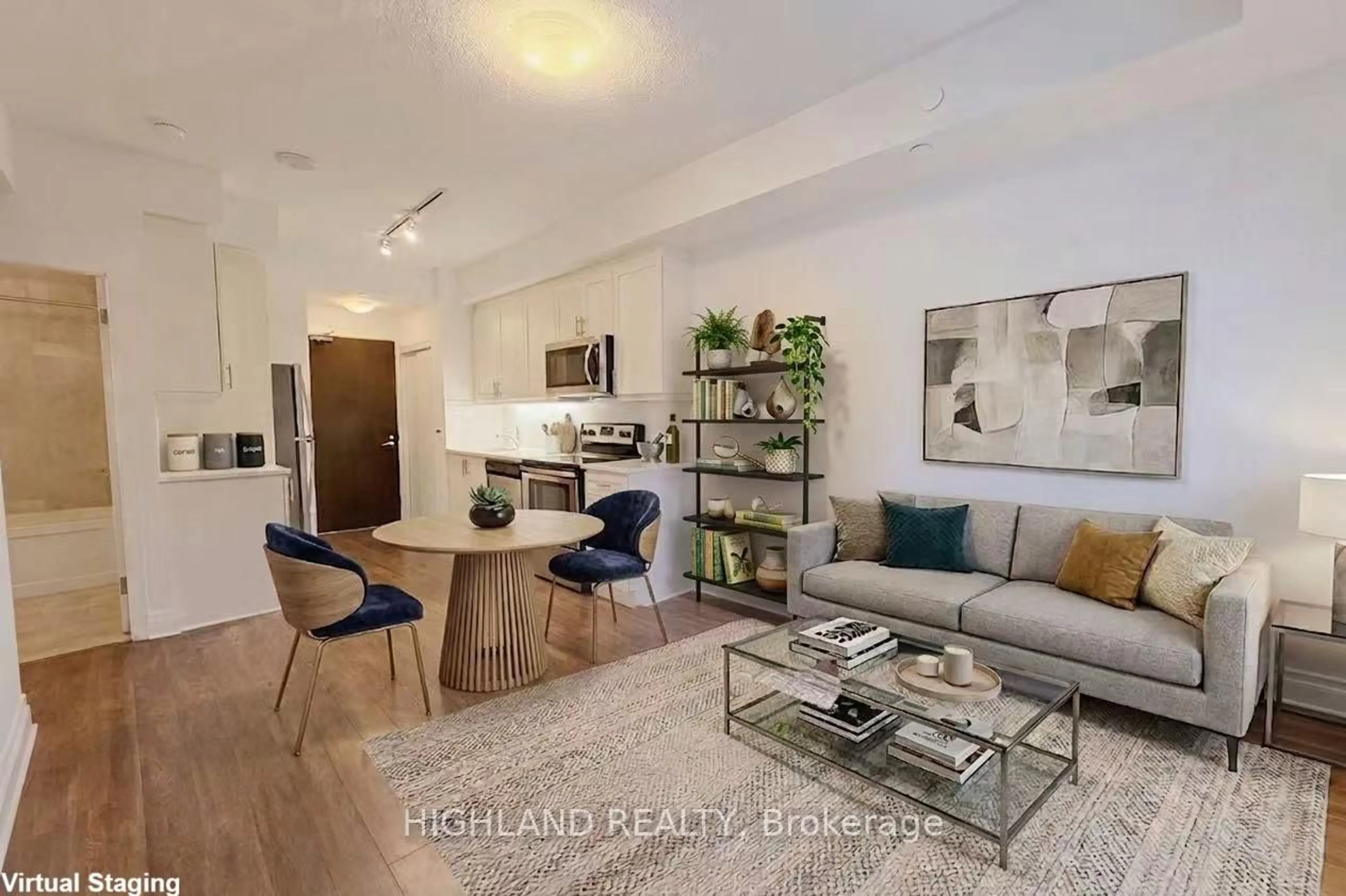 Living room with furniture, wood/laminate floor for 17 Zorra St #1102, Toronto Ontario M8Z 0C8