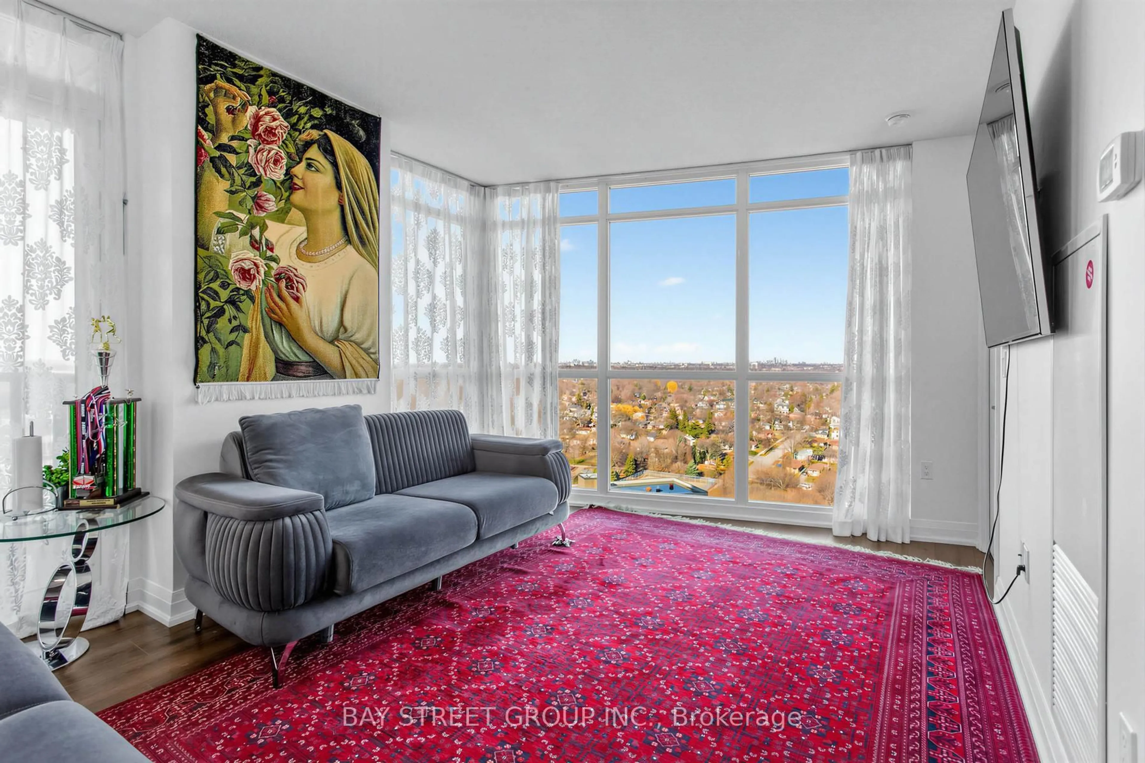 Living room with furniture, carpet floor for 9 Valhalla Inn Rd #1910, Toronto Ontario M9B 0B2