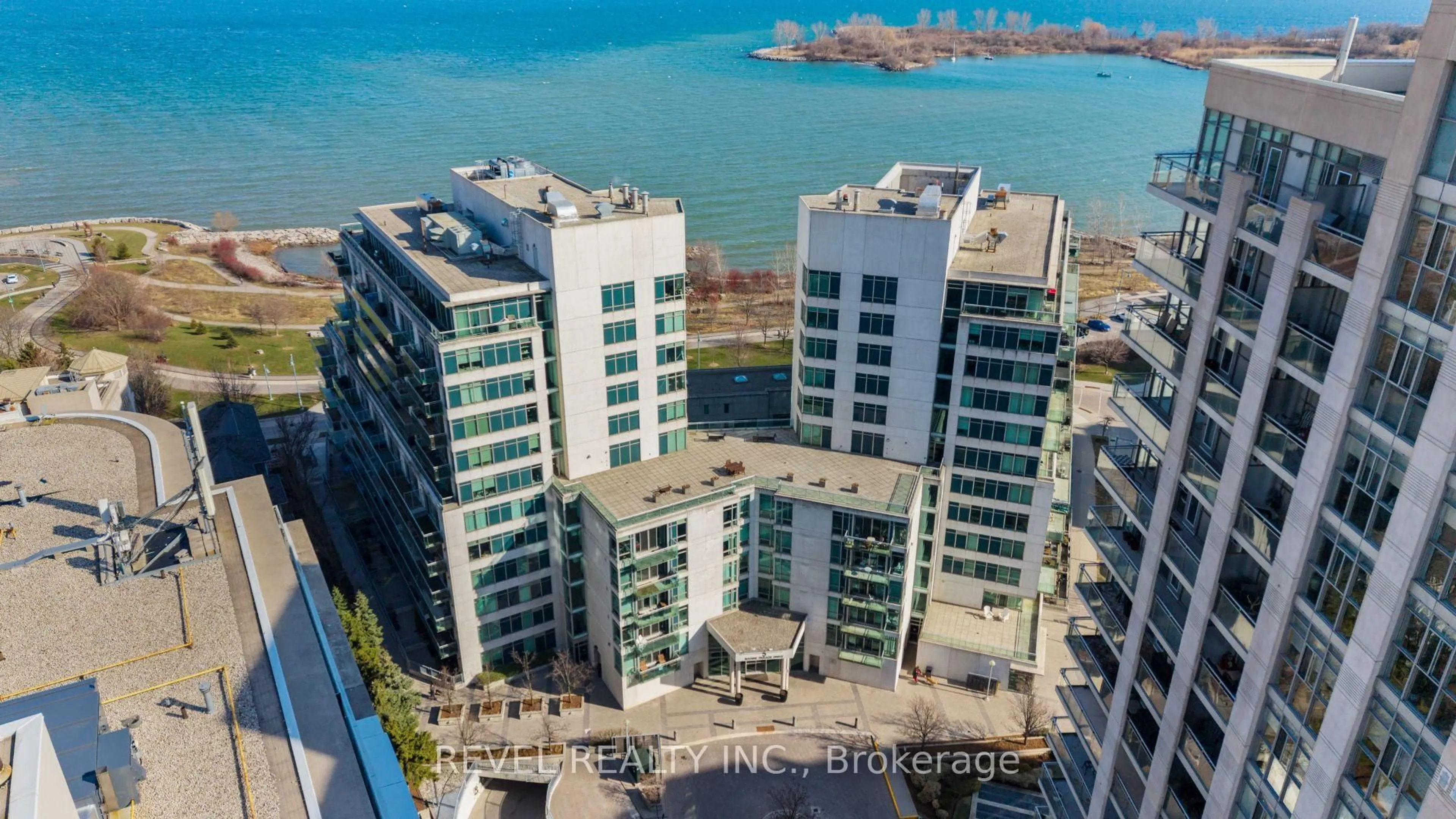 A pic from outside/outdoor area/front of a property/back of a property/a pic from drone, water/lake/river/ocean view for 5 Marine Parade Dr #303, Toronto Ontario M8V 4B4