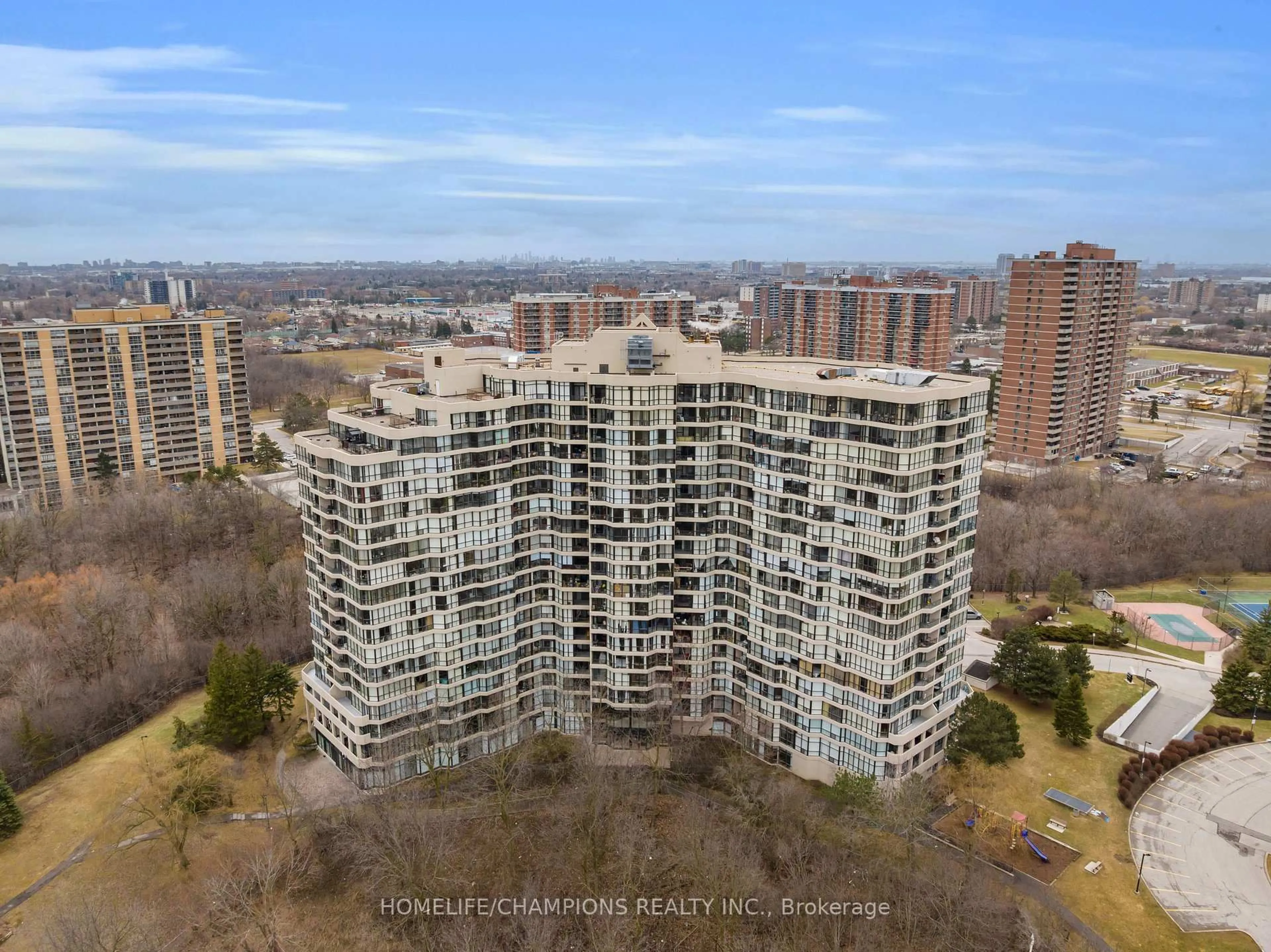 A pic from outside/outdoor area/front of a property/back of a property/a pic from drone, city buildings view from balcony for 5 Rowntree Rd #1403, Toronto Ontario M9V 5G9