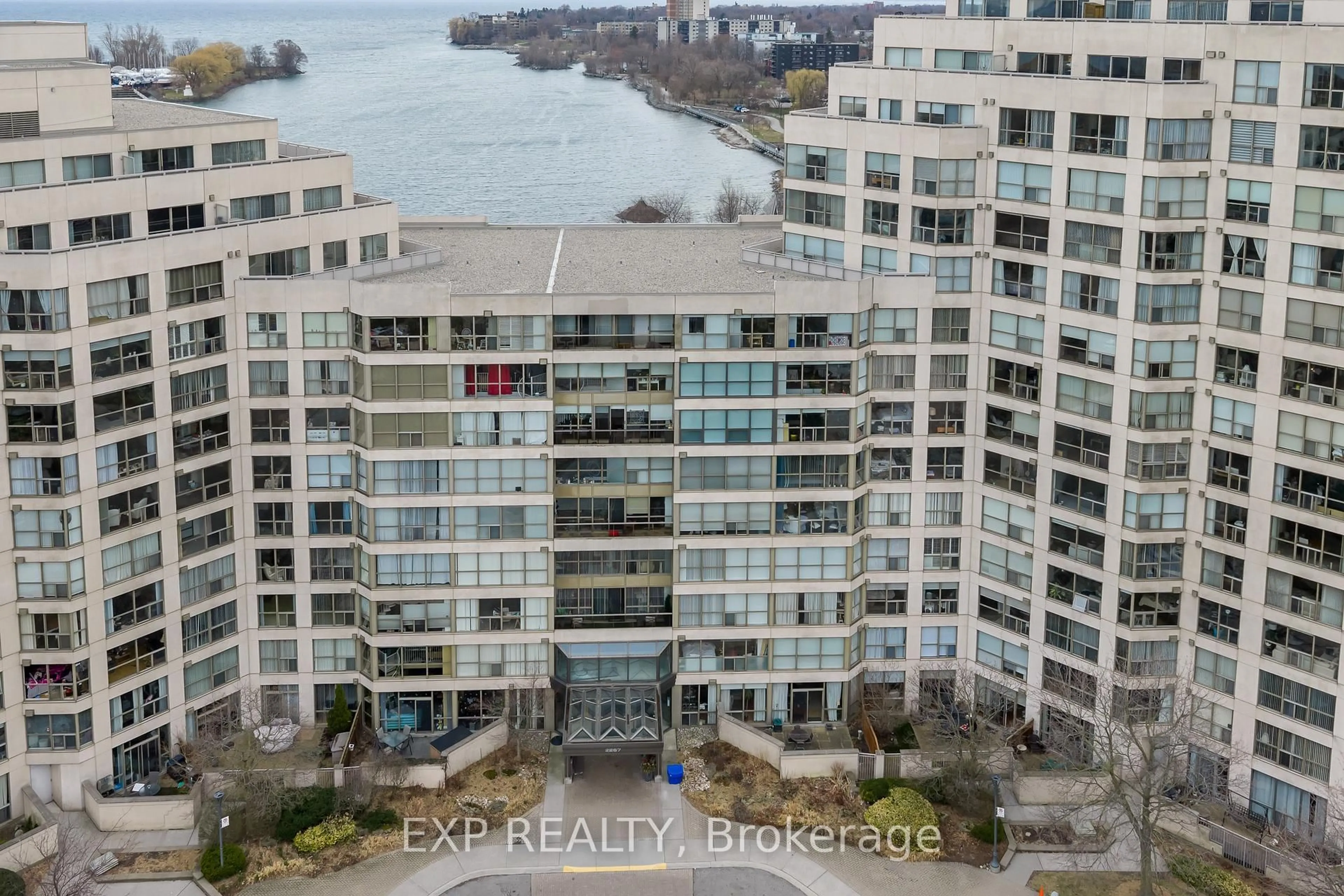 A pic from outside/outdoor area/front of a property/back of a property/a pic from drone, water/lake/river/ocean view for 2267 Lake Shore Blvd #214, Toronto Ontario M8V 3X2