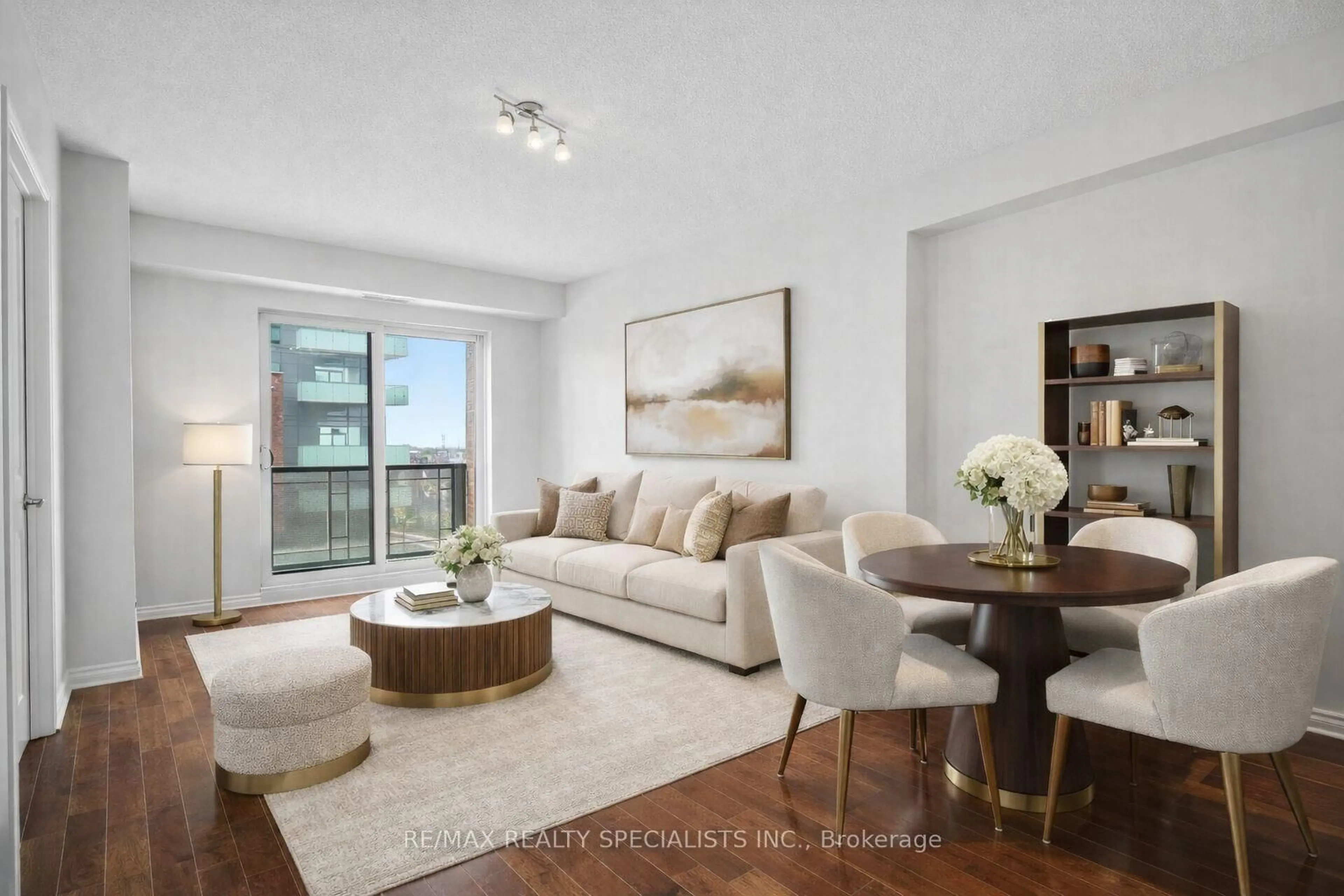 Living room with furniture, wood/laminate floor for 385 Prince Of Wales Dr #520, Mississauga Ontario L5B 0C6